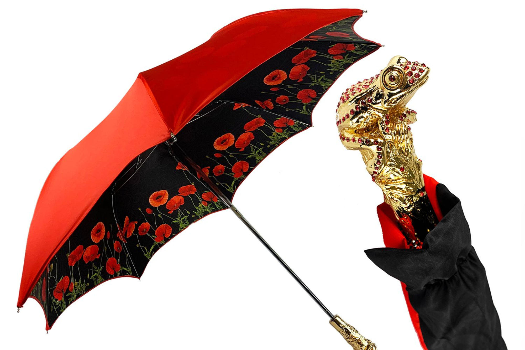 Luxury Umbrella - Red Poppy Design with 24K Gold Handle | Handmade Italian Double Canopy
