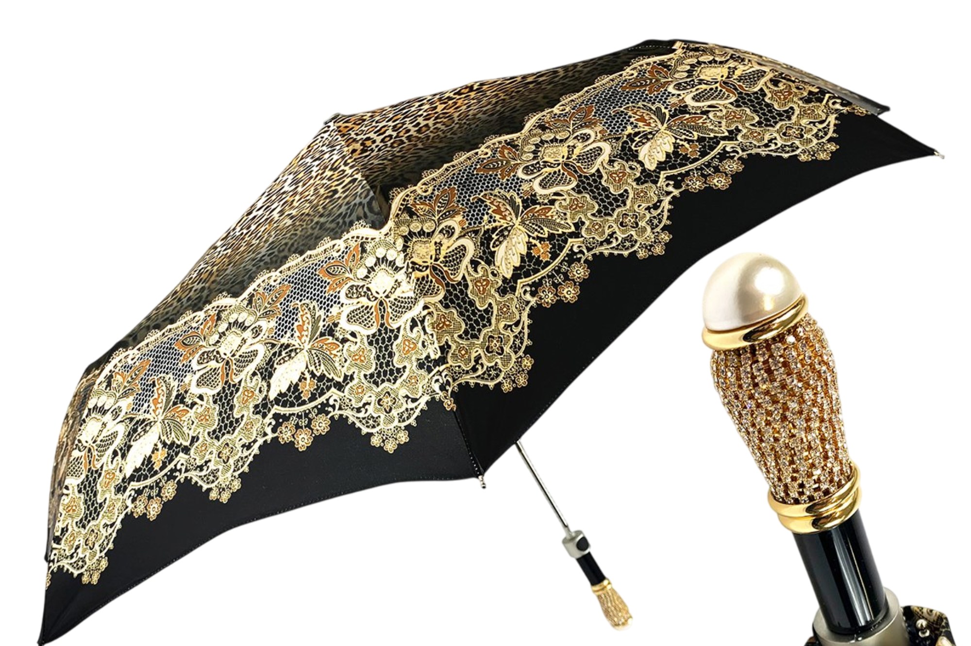 Leopard Print Umbrella – Luxury Folding Rain Umbrella with Gold Plated Handle
