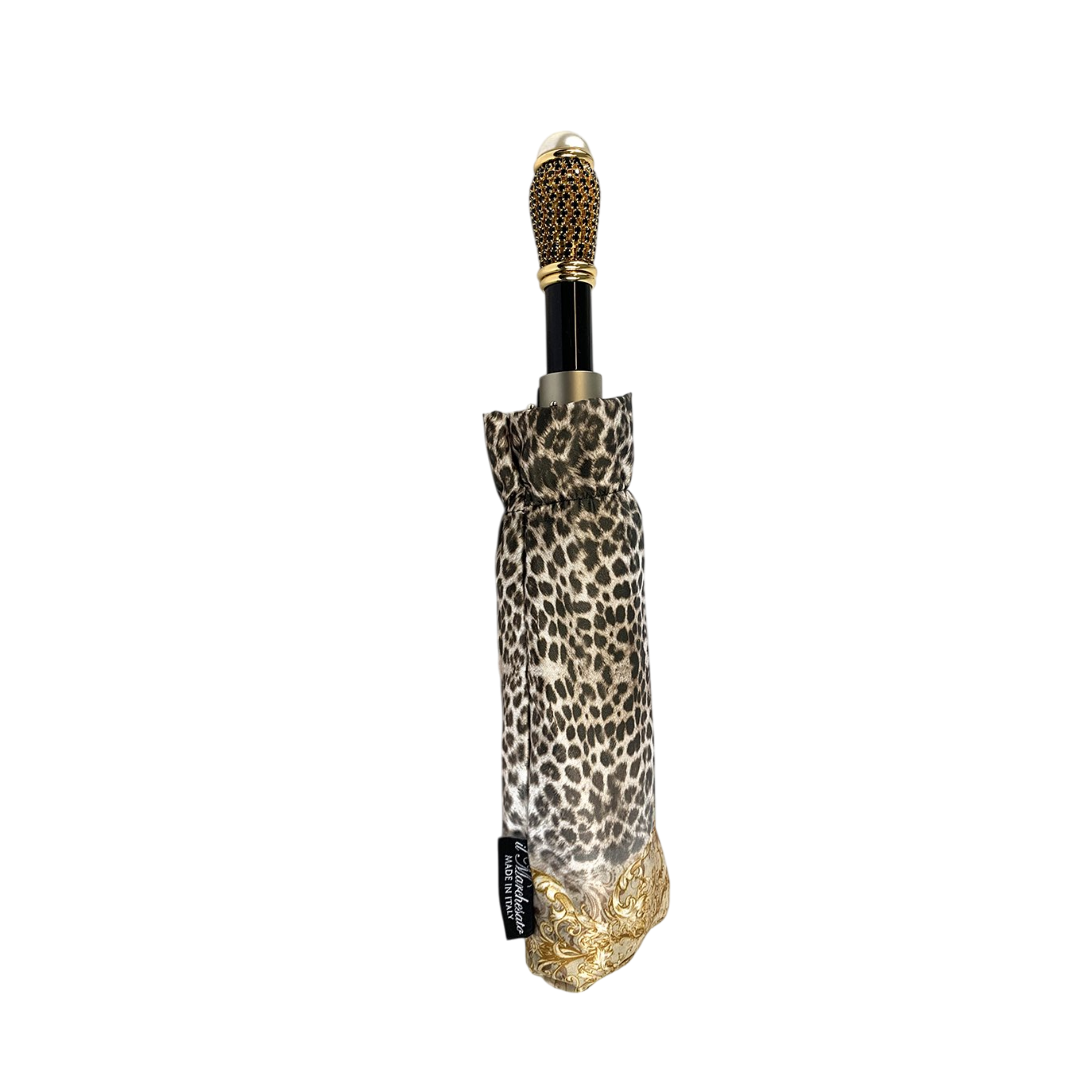 Leopard Print Umbrella – Luxury Folding Rain Umbrella with Gold Plated Handle