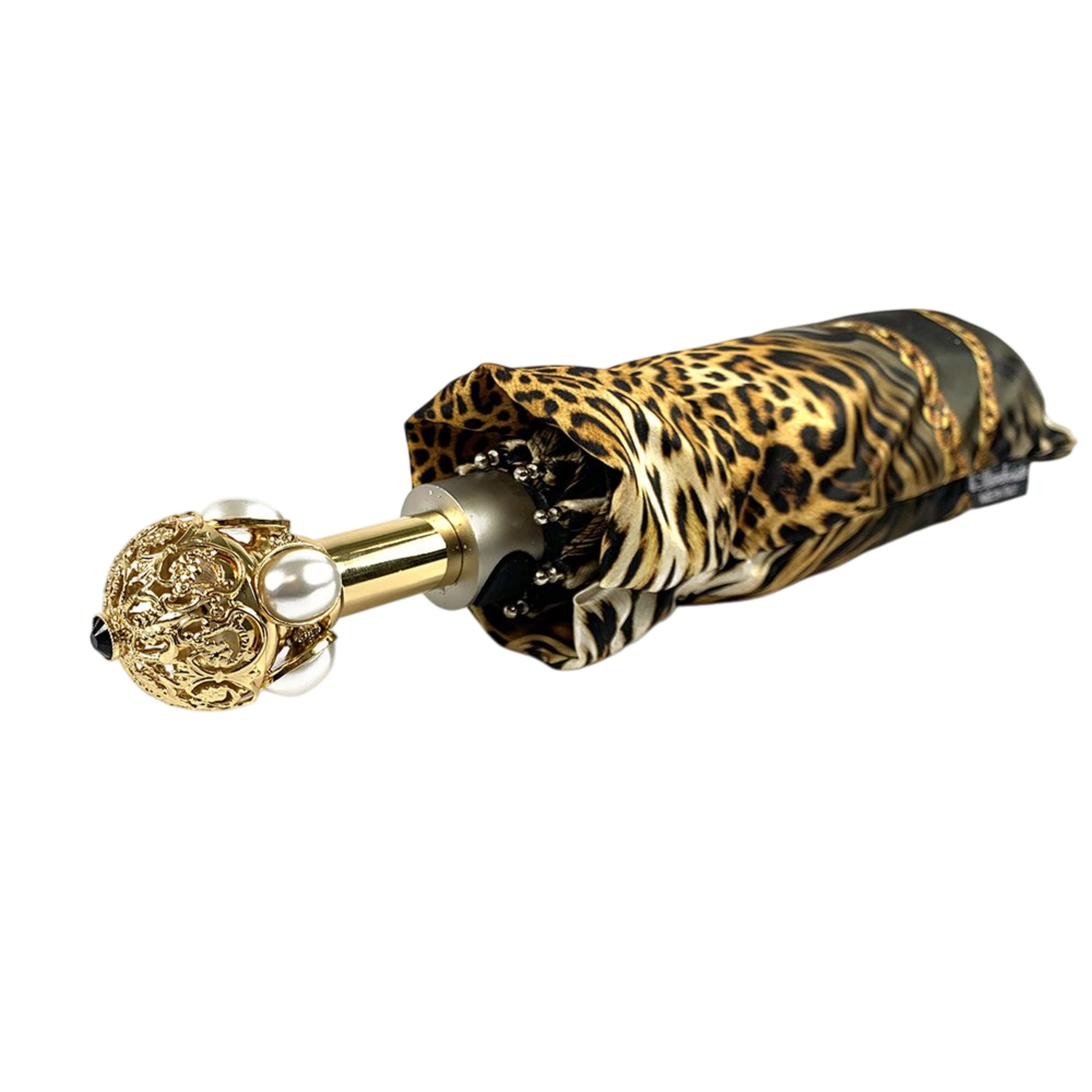 Leopard Folding Umbrella – Women’s Luxury Folding Umbrella With Brass Jeweled Handle