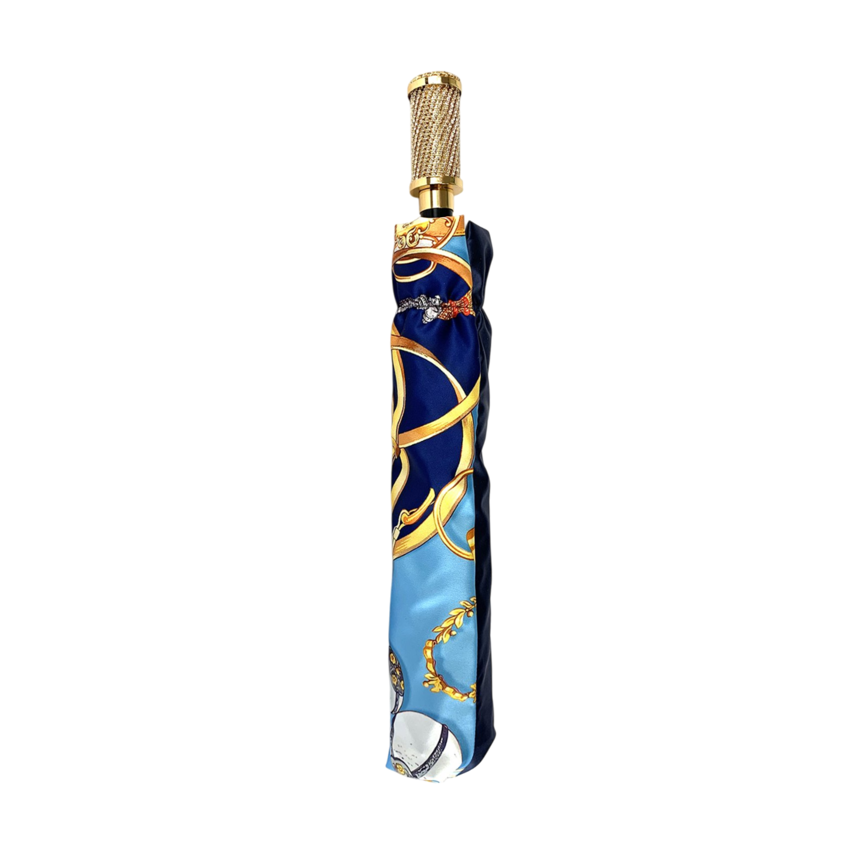 Luxury Women's Umbrella – Blue Canopy Folding Umbrella with 24K Gold Handle