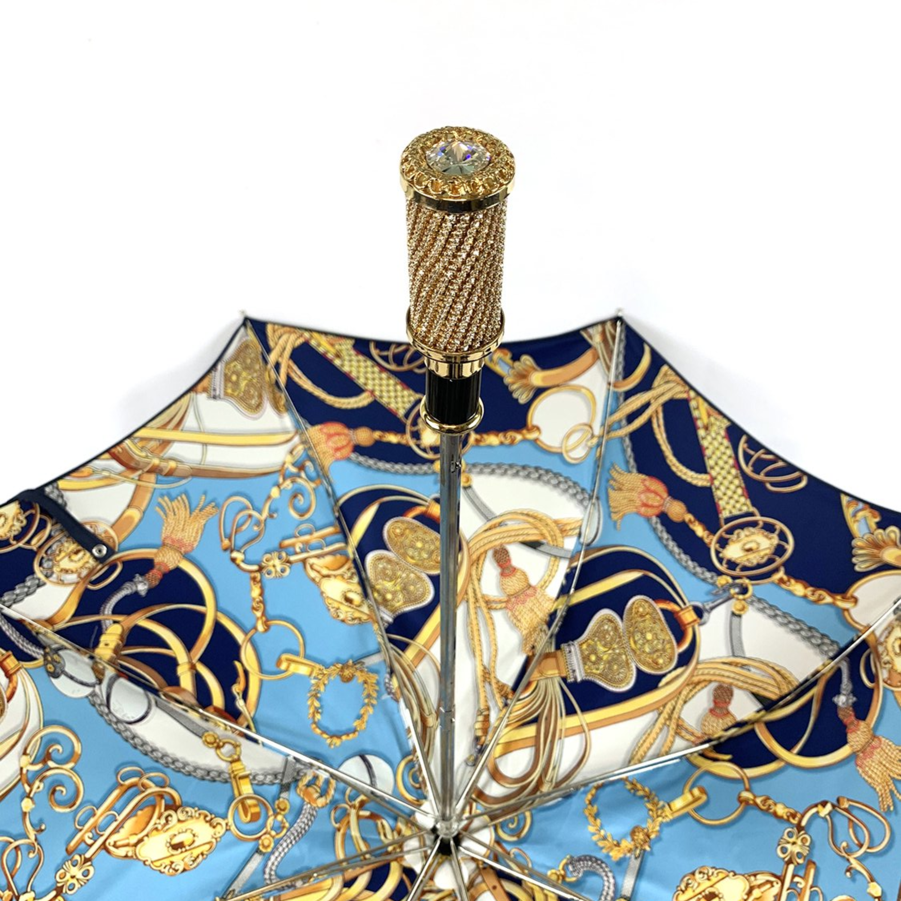 Luxury Women's Umbrella – Blue Canopy Folding Umbrella with 24K Gold Handle