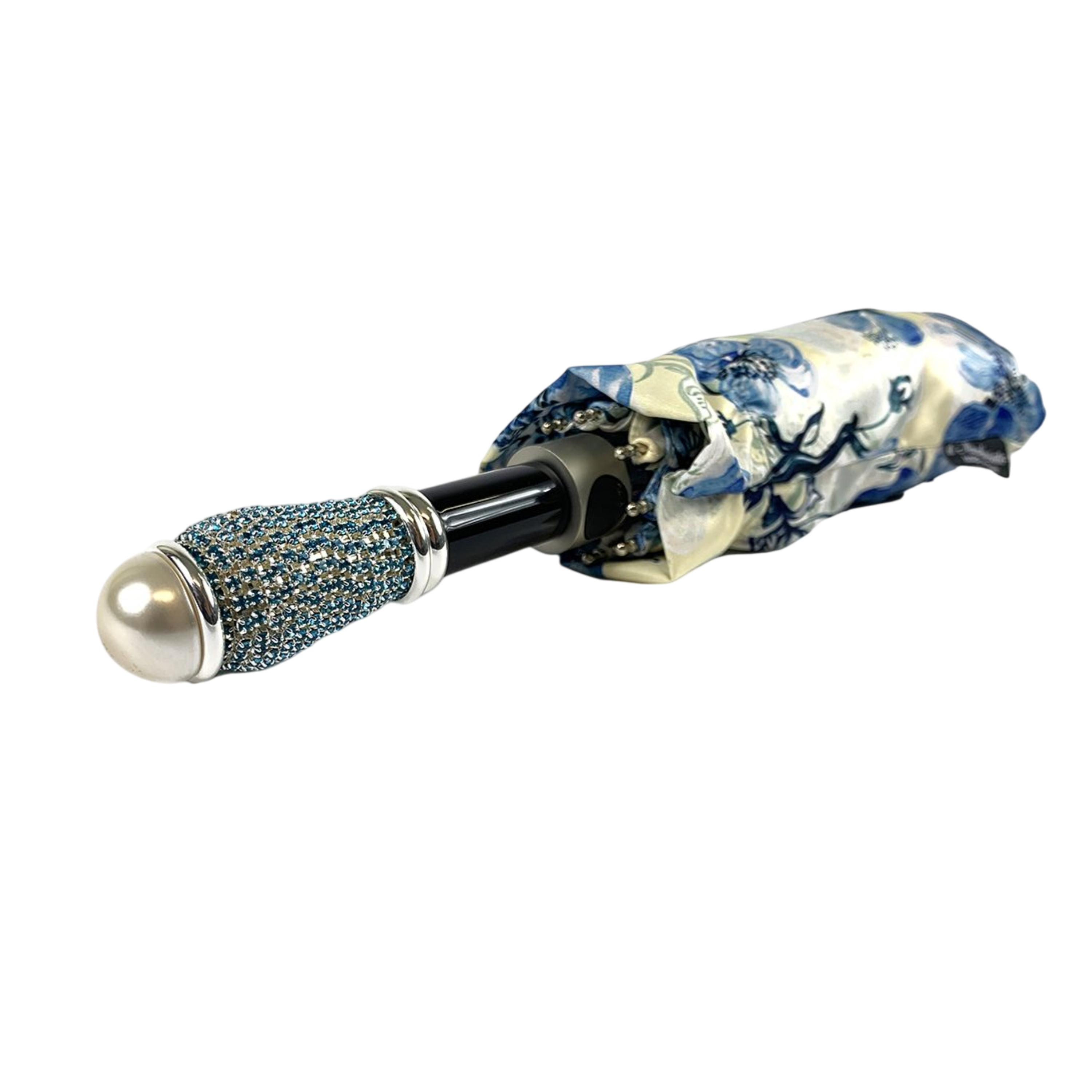 Folding Umbrella – Blue Poppies Compact Automatic Umbrella with Gold Handle