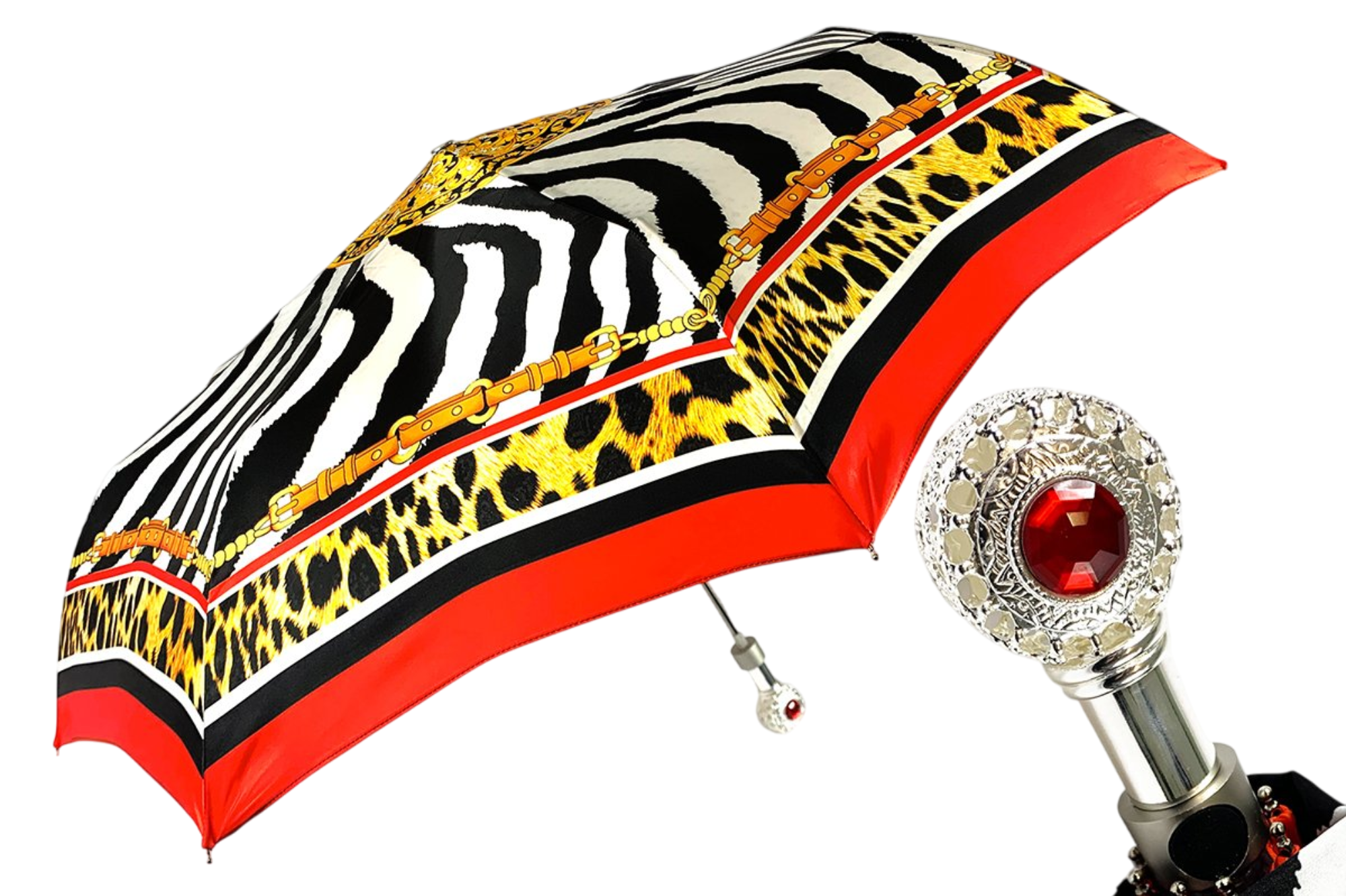 Jeweled Folding Umbrella – Silver-Plated Handle, Zebra Pattern, Automatic Open
