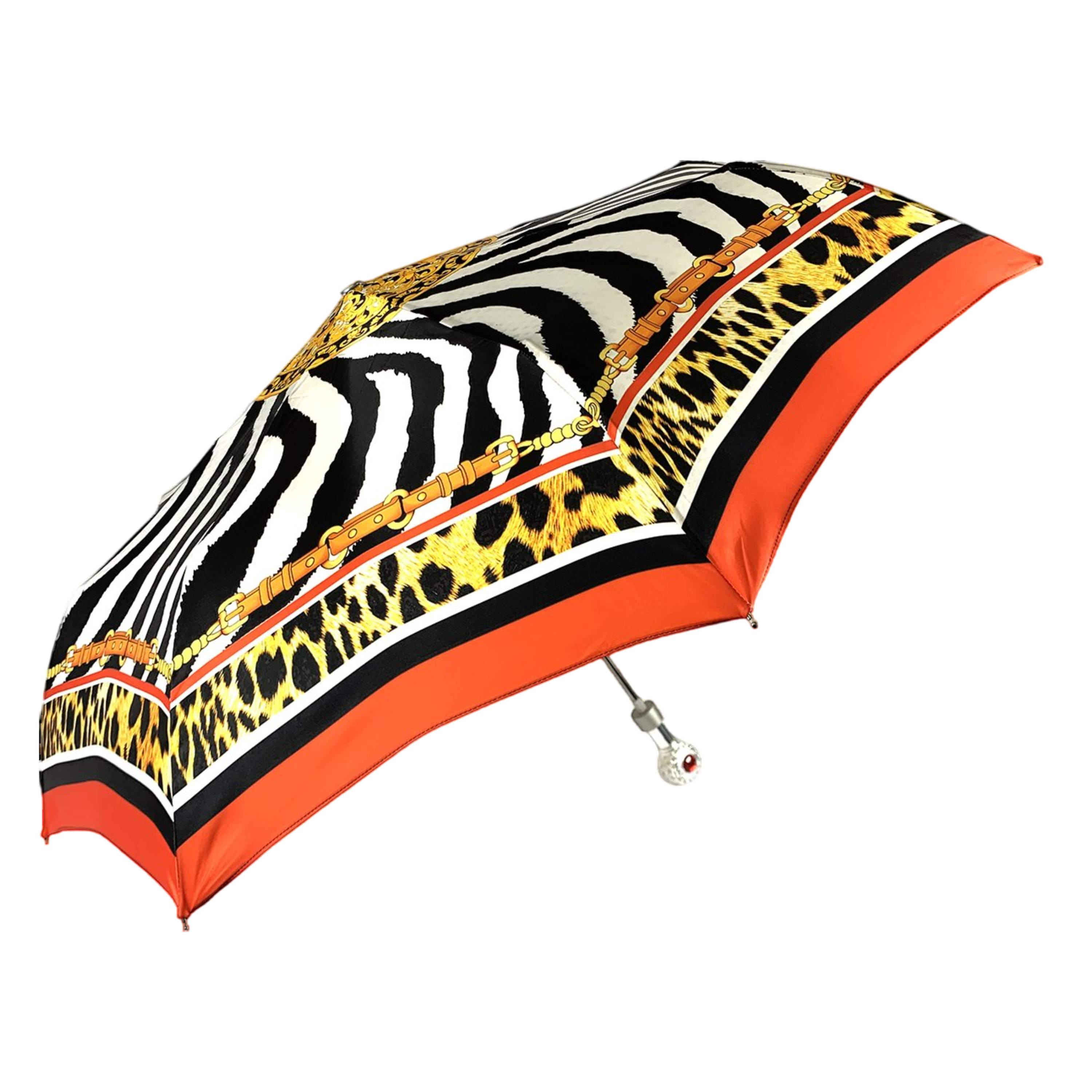 Jeweled Folding Umbrella – Silver-Plated Handle, Zebra Pattern, Automatic Open