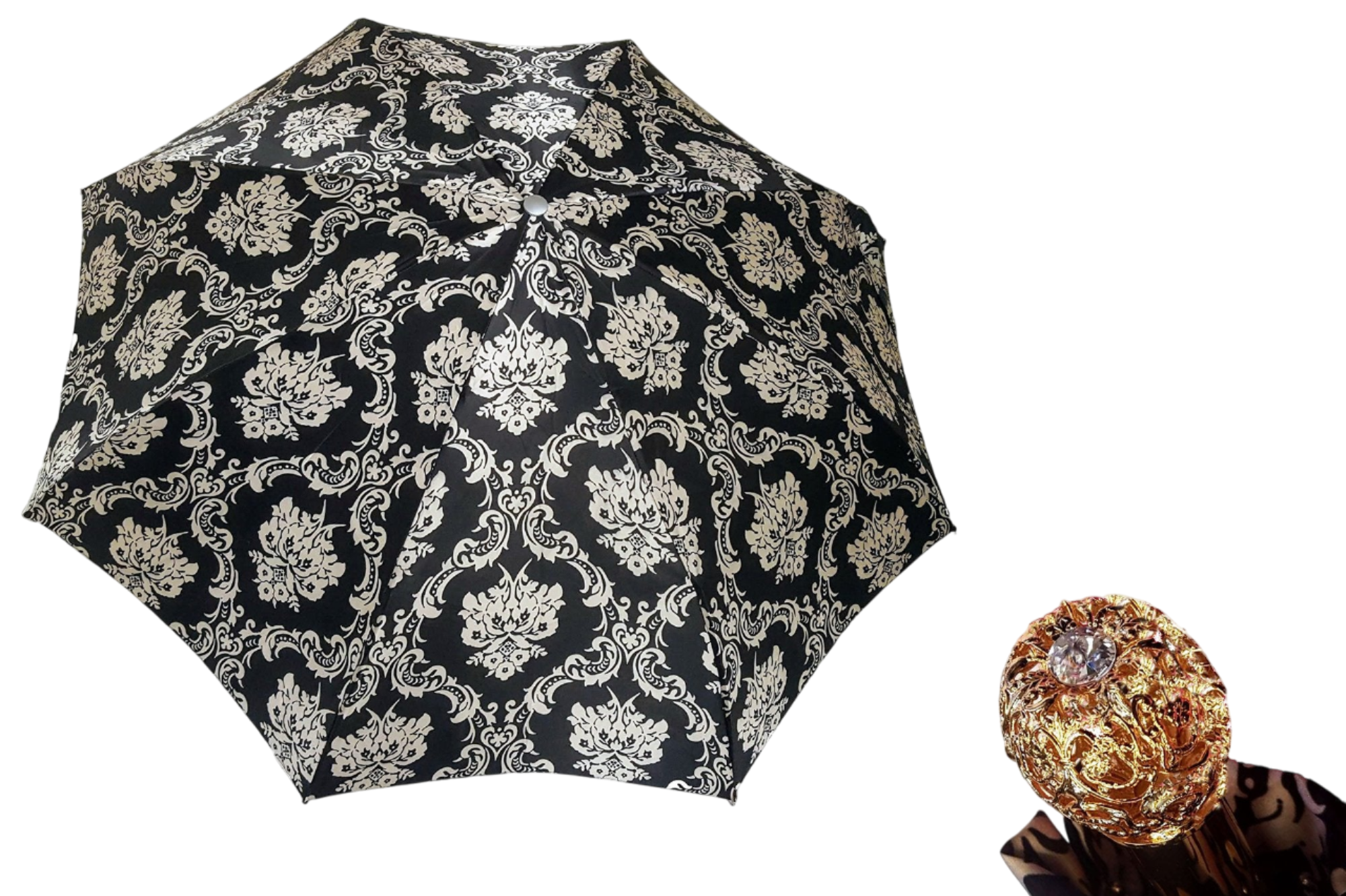 Ilmarchesato Baroque folding umbrella in black and white with automatic open function, lightweight and stylish for rain protection.