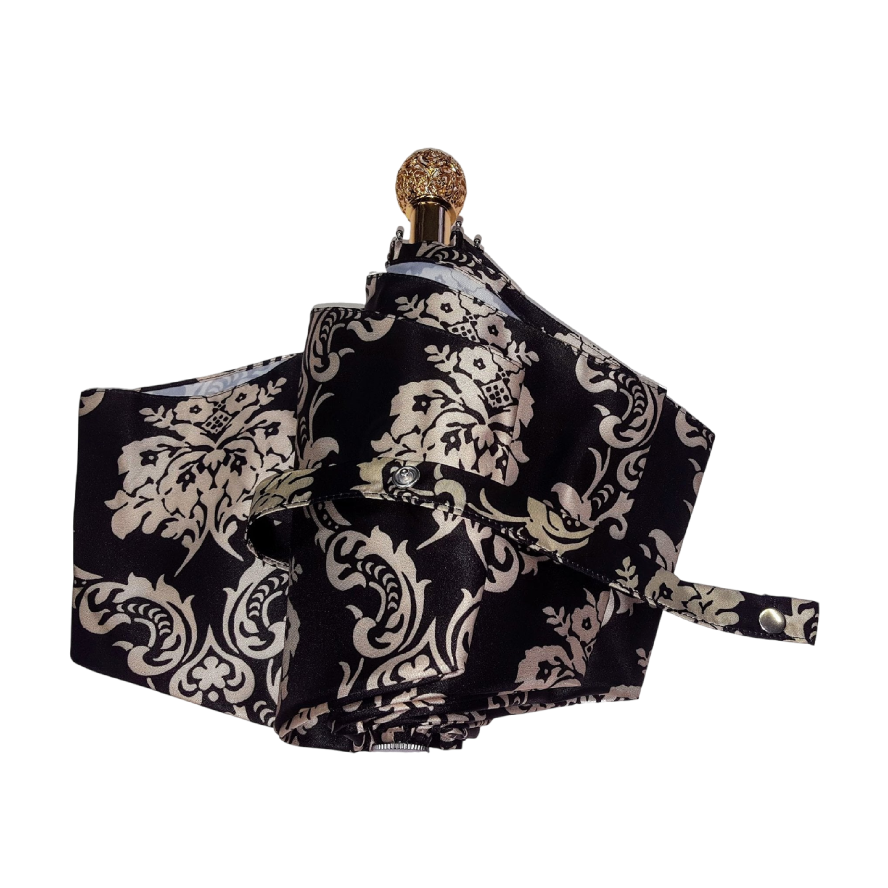 Ilmarchesato Baroque folding umbrella in black and white with automatic open feature, lightweight and stylish for rain protection.