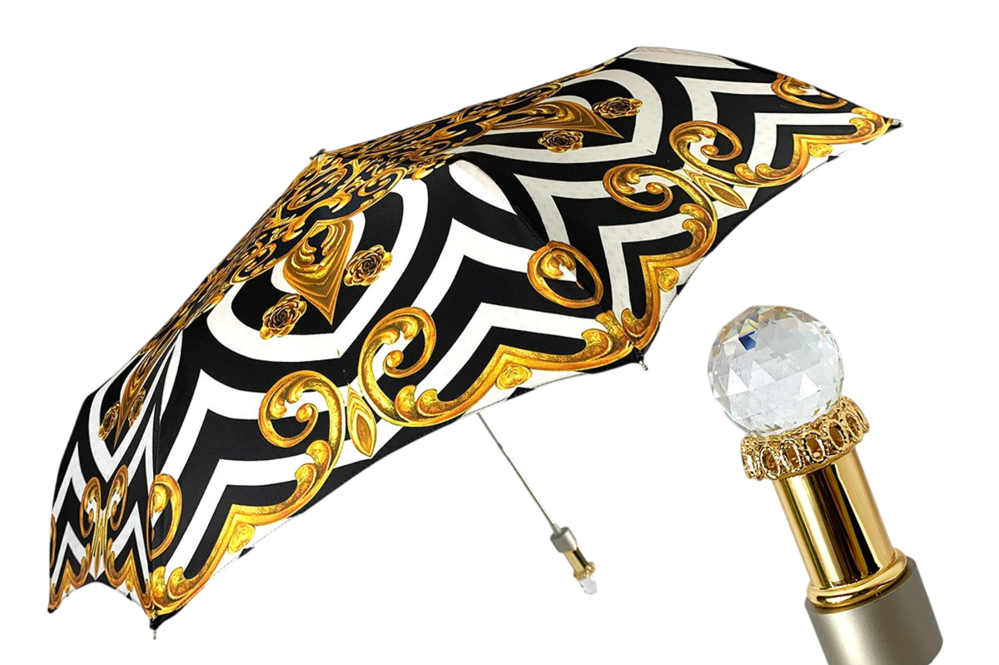 Swarovski Folding Umbrella – Handmade Italian Compact Travel Umbrella with Gold Plated Handle