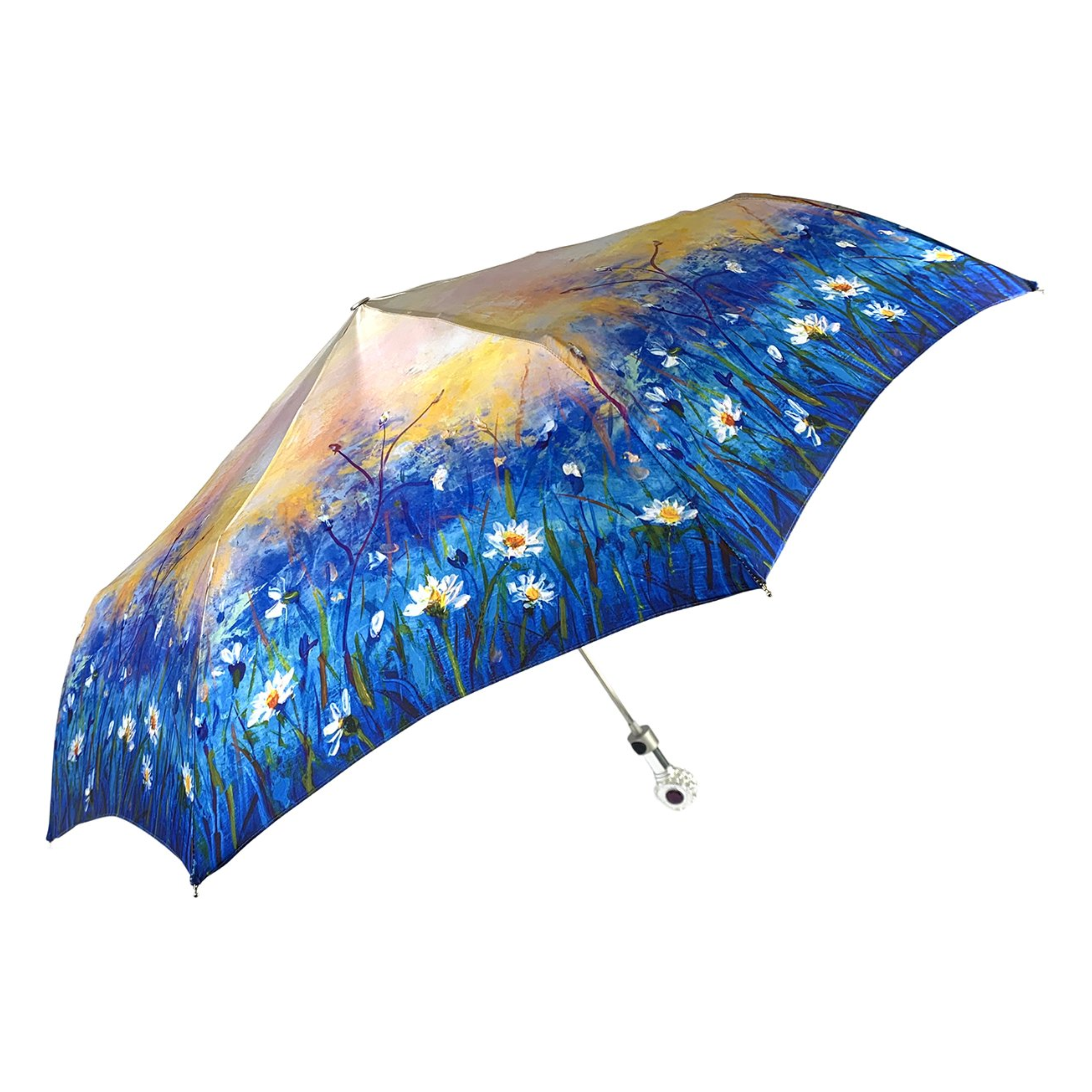 Silver-Plated Folding Umbrella – Italian Handmade Compact Rain Umbrella with Amethyst Handle