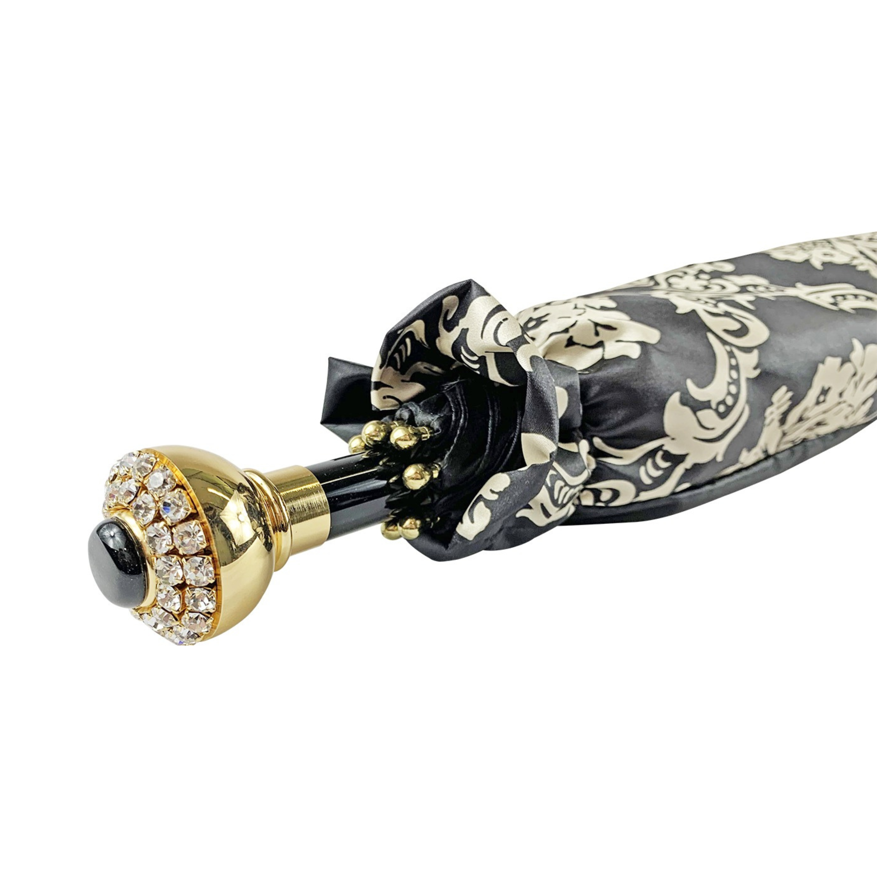 Luxury Black Umbrella – Double Canopy Satin Fabric with Crystal Handle, Handmade Italian Design