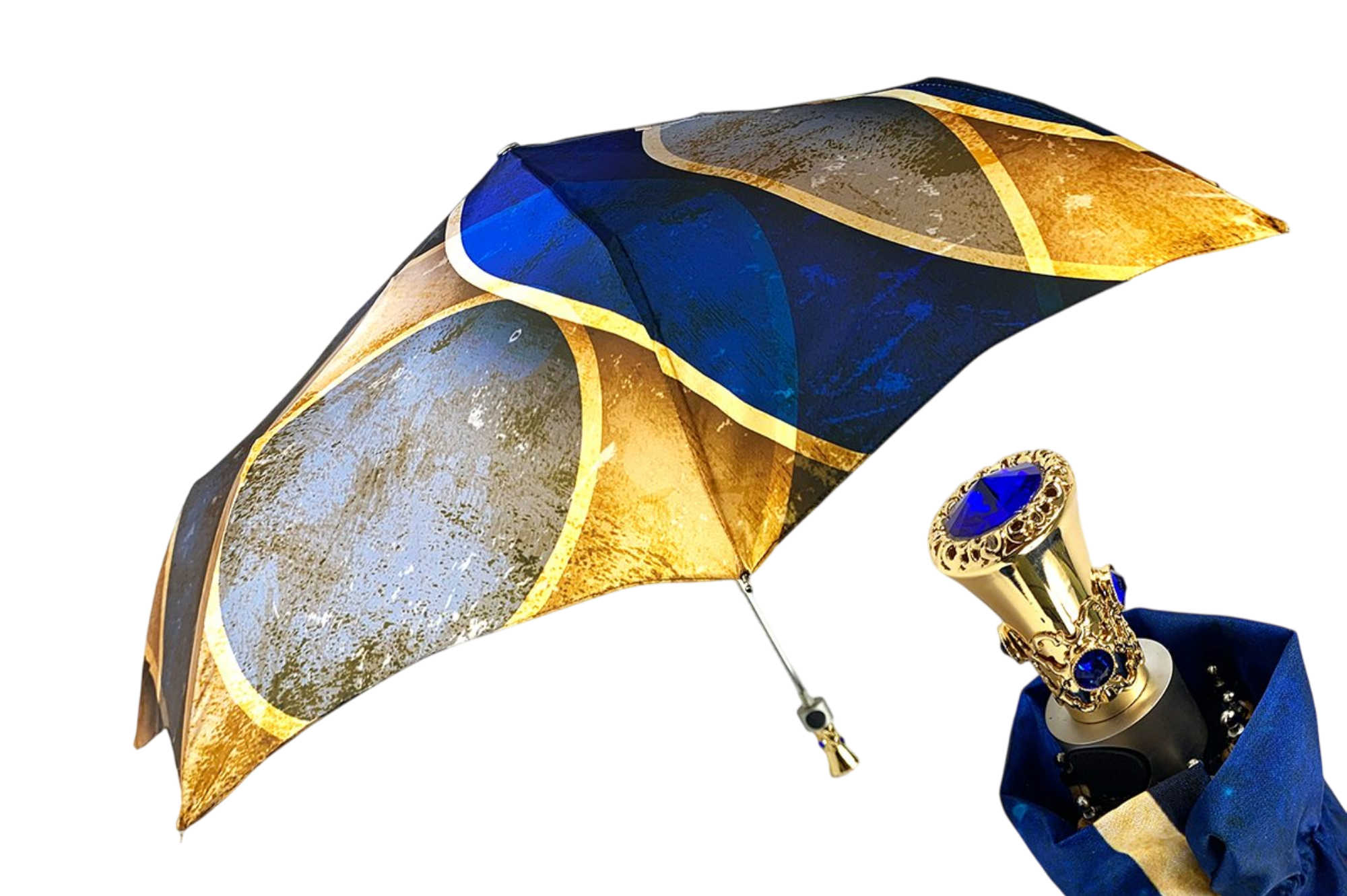 Luxury Folding Umbrella – Automatic Open, 24K Gold Handle with Blue Crystal Accent