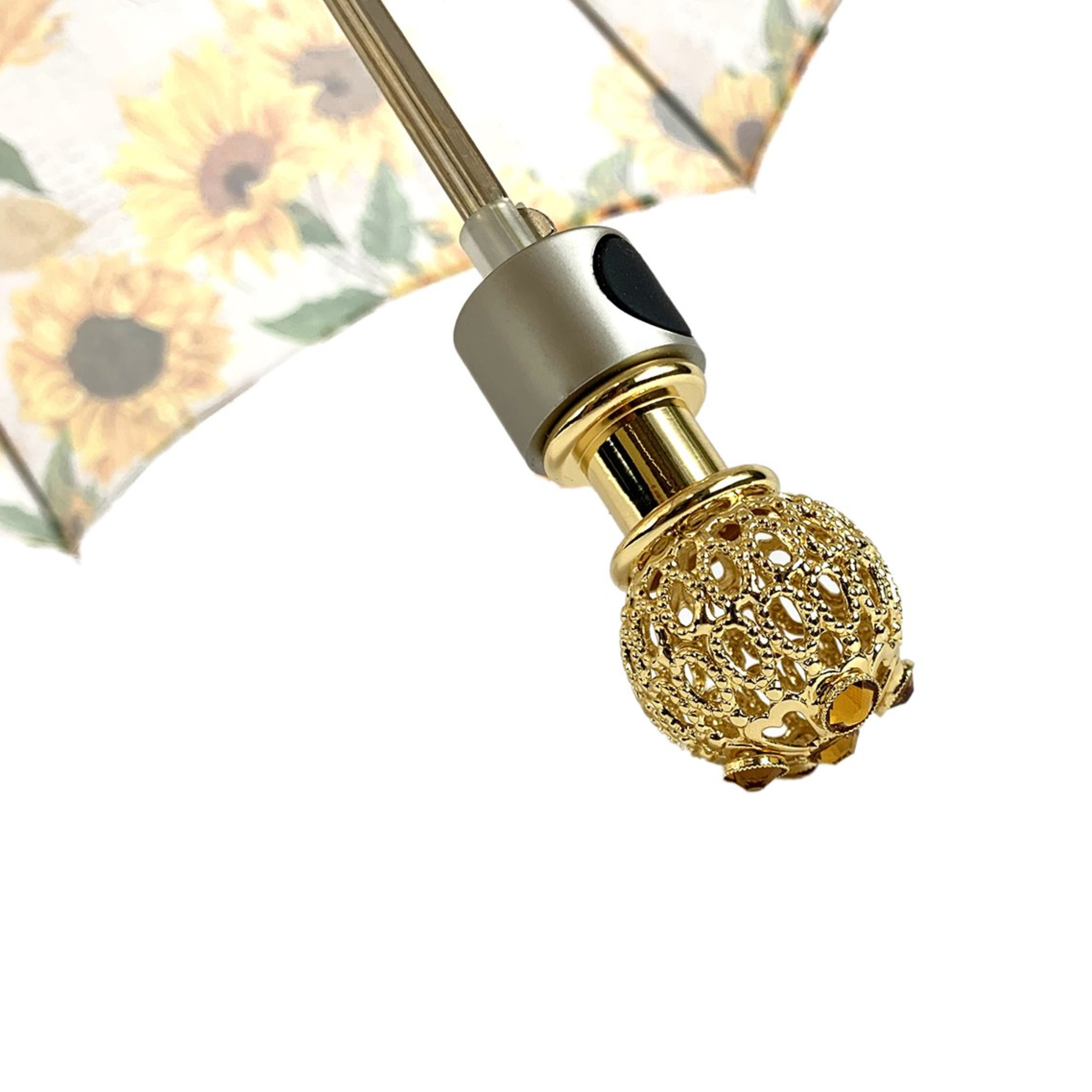 Folding Umbrella – Women's Rain Umbrella With Sunflower Pattern & 24K Gold Handle