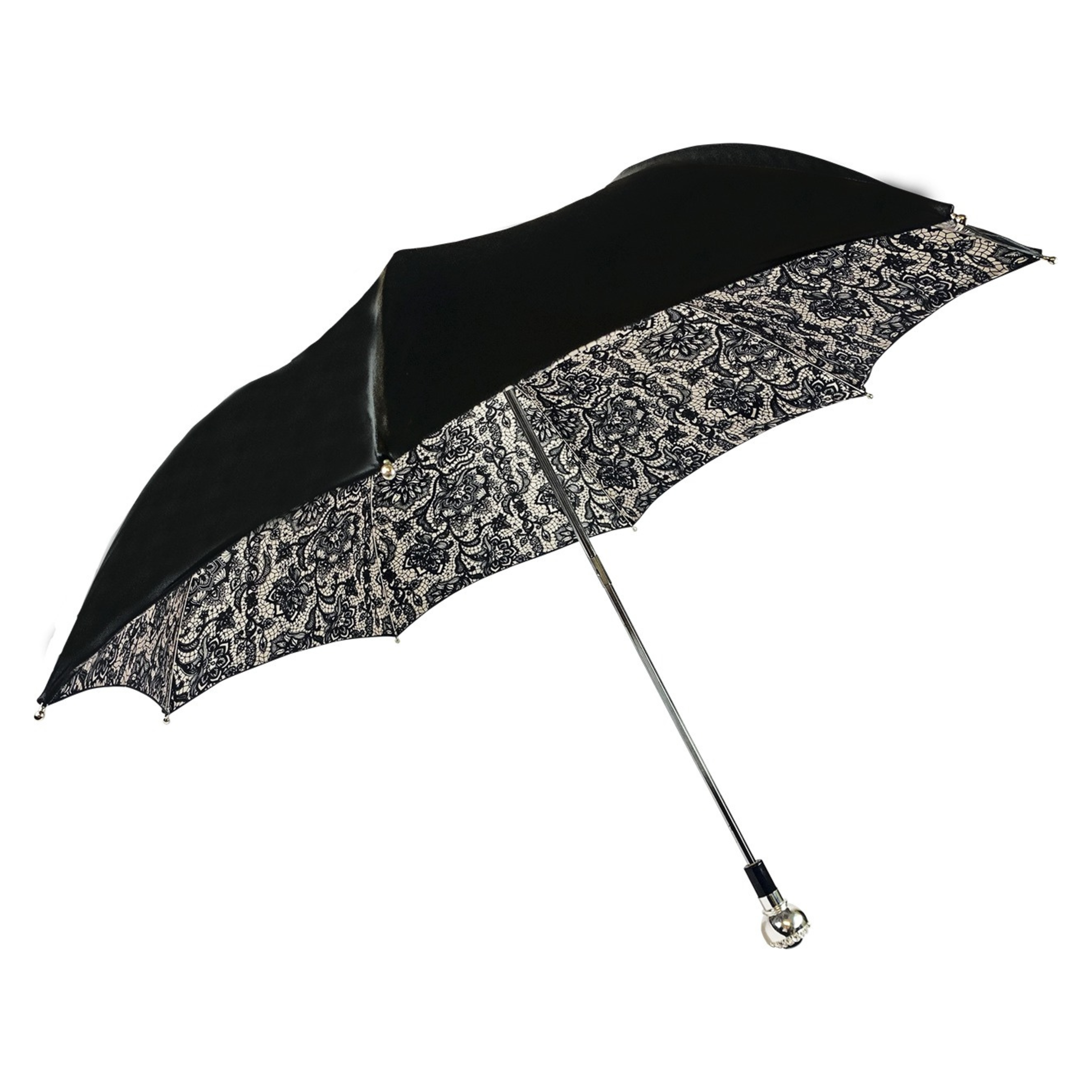 Folding Double Canopy Umbrella – Italian Handmade Lace Pattern With Silver-Plated Handle