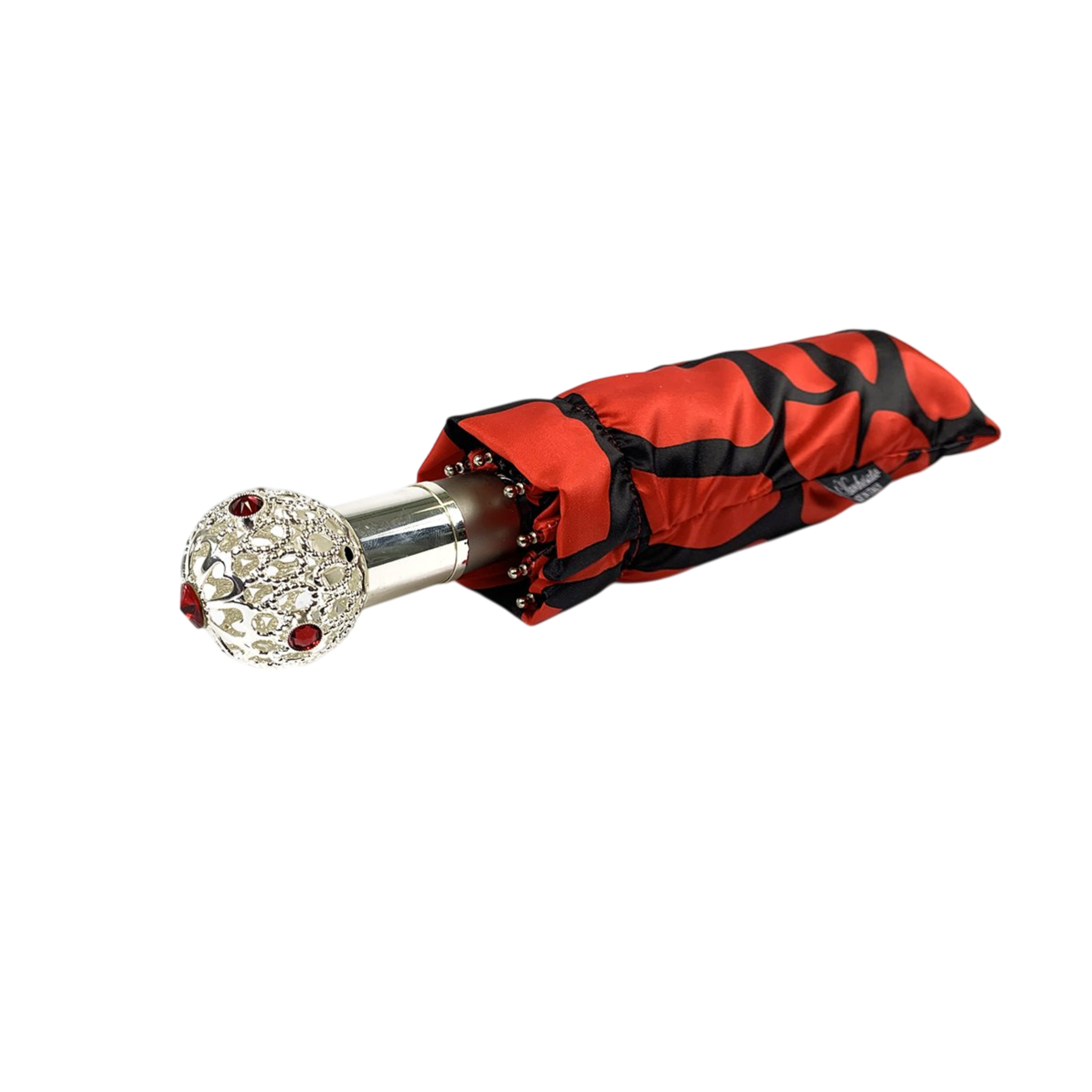 Black Red Folding Umbrella – Elegant Swarovski Handle | Lightweight, Automatic Open