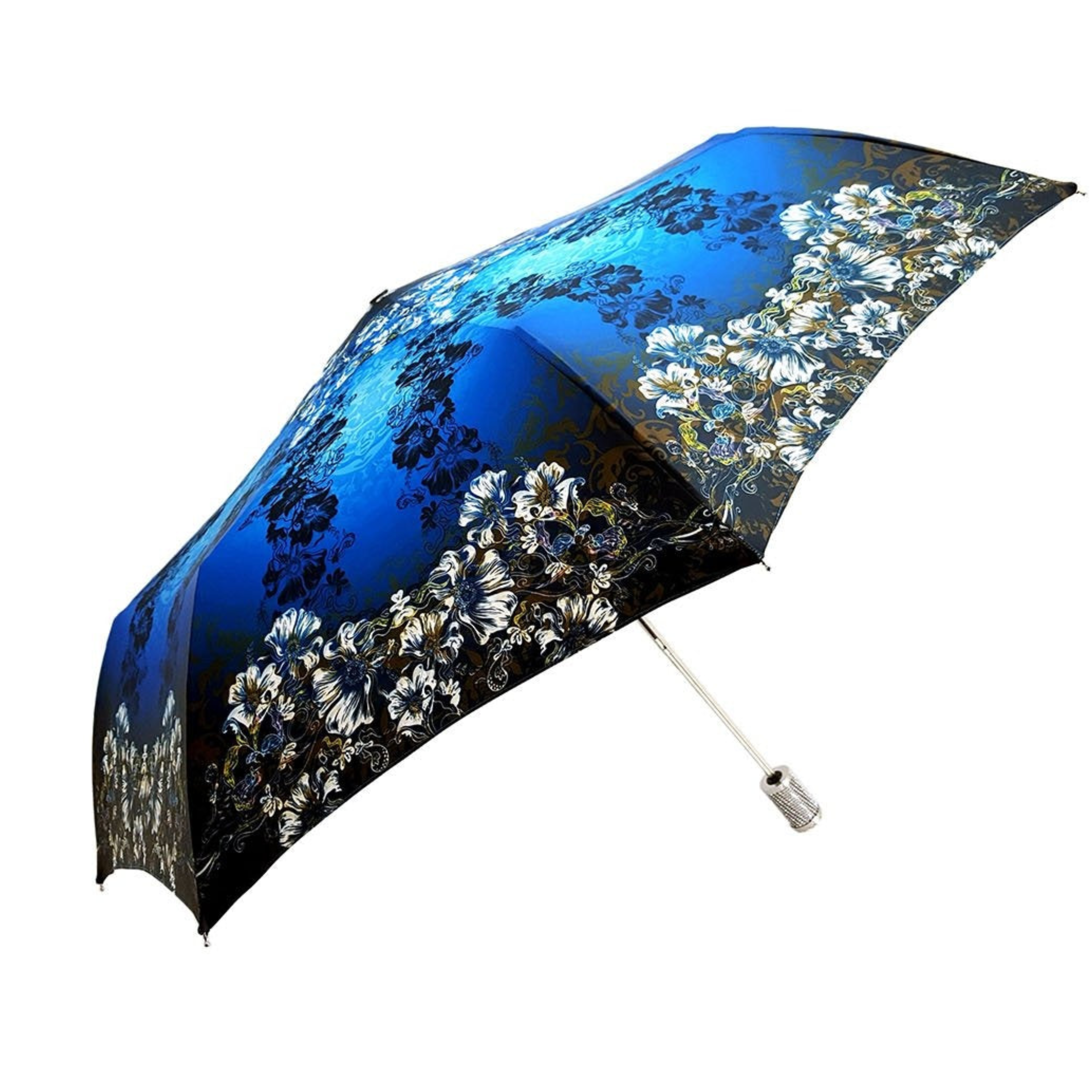 Women Folding Umbrella – Compact Blue Flower Rain Shield With UV Protection