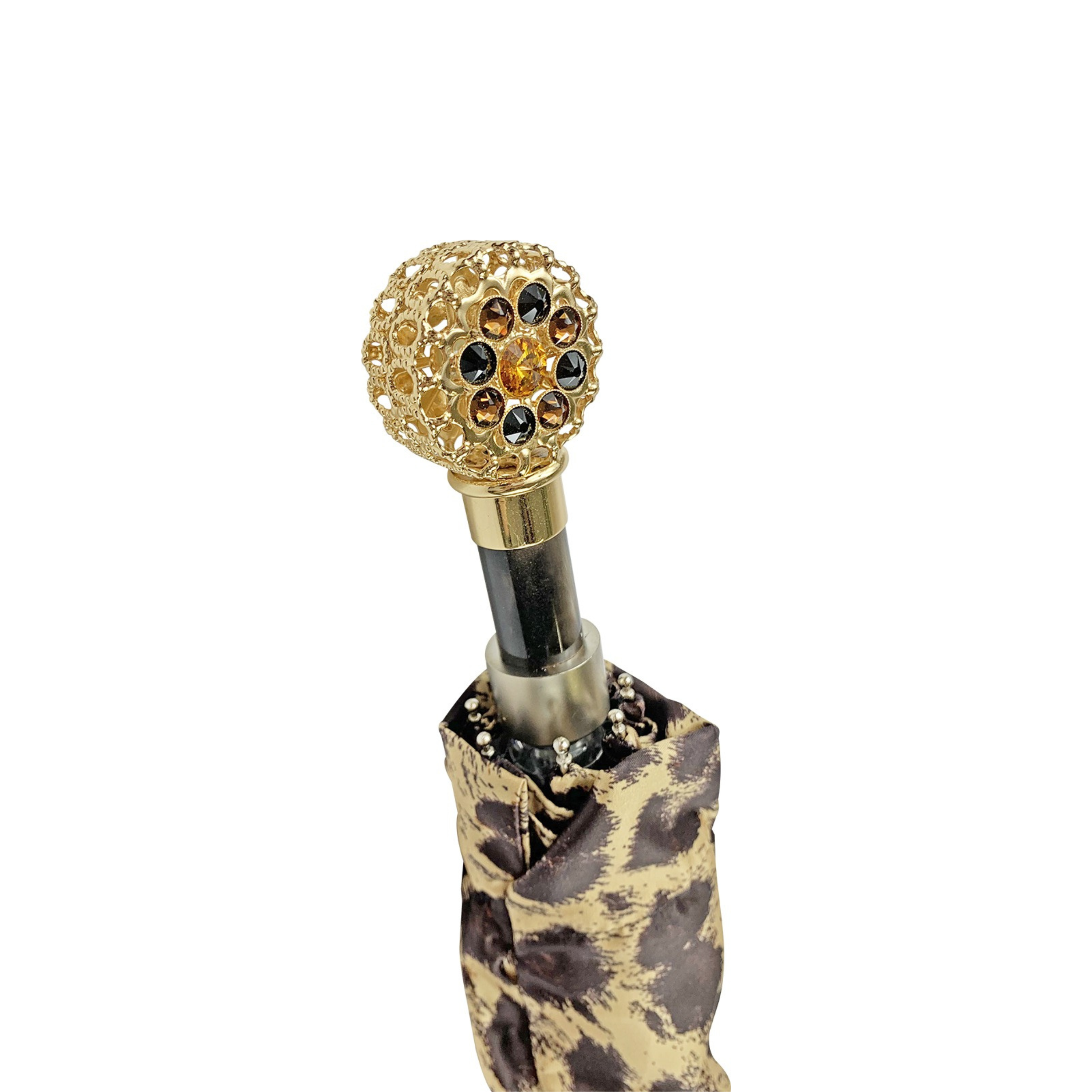 Leopard Folding Umbrella – Automatic Open, Gold-Plated Handle with Swarovski Crystals