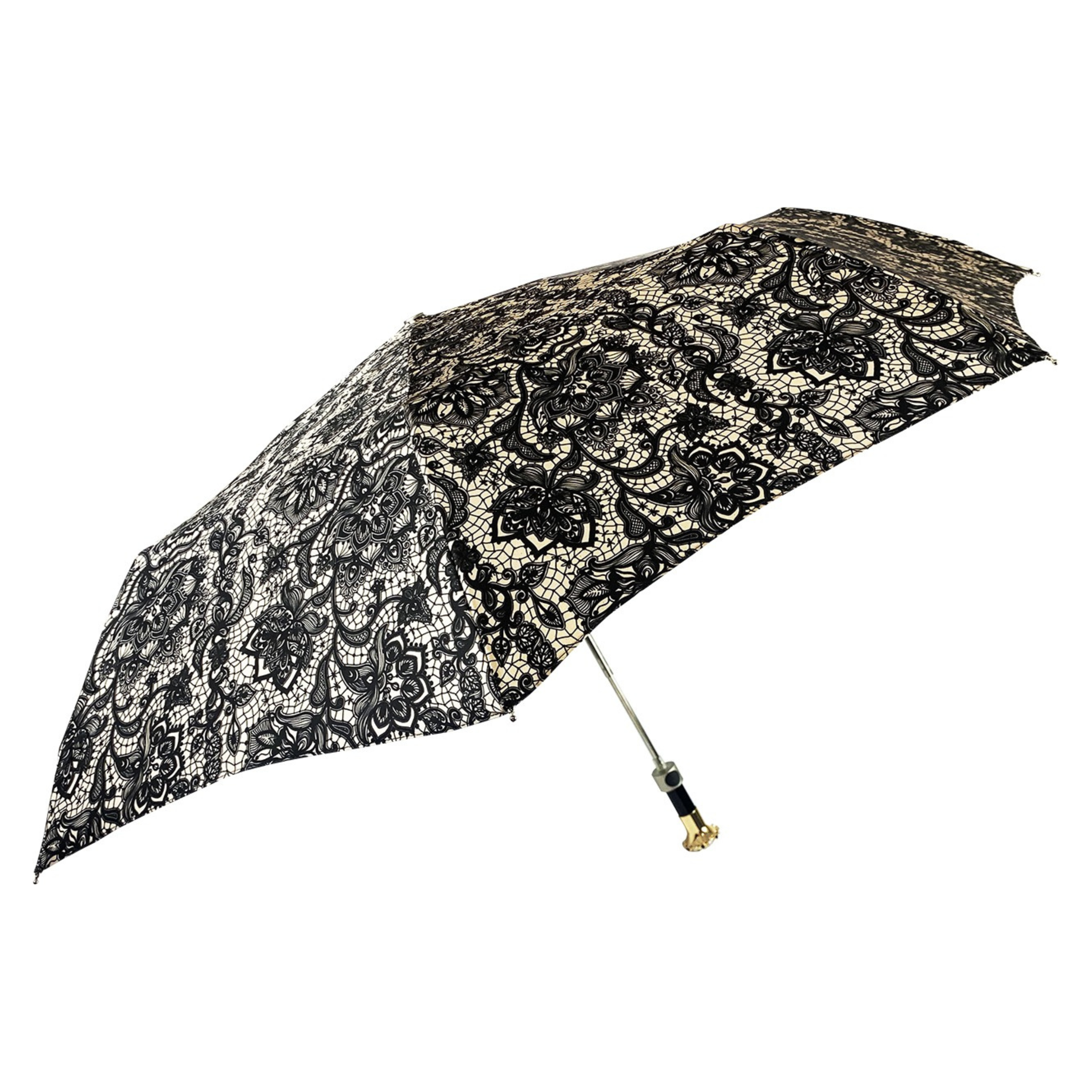 Lace-Effect Folding Umbrella - Women's Compact Travel Umbrella With Swarovski Crystal Handle