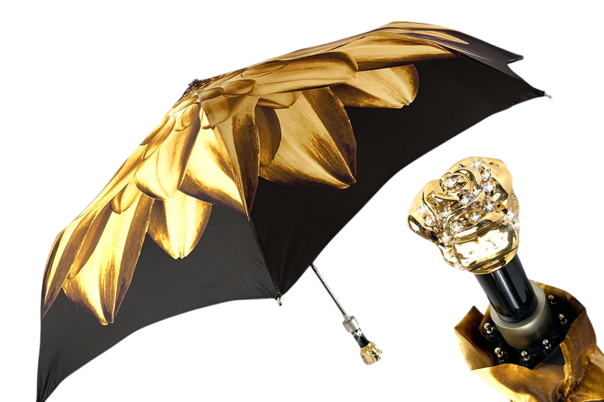 Gold Folding Umbrella – Automatic Open, Brown Dahlia Design with Jeweled Rose Handle