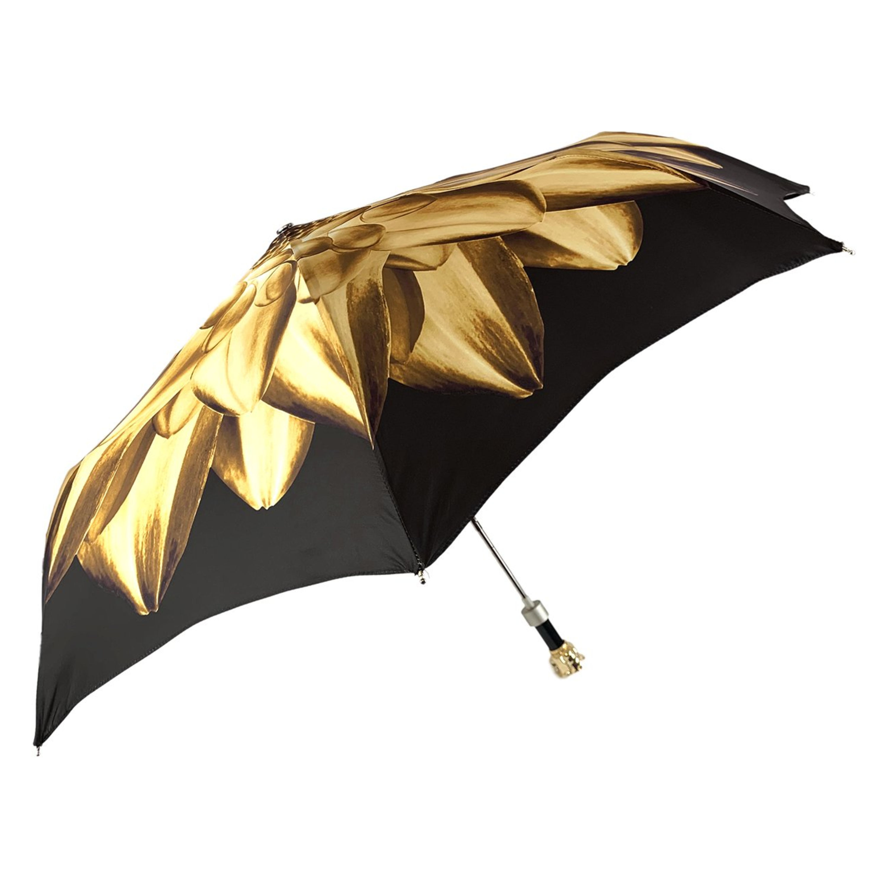 Gold Folding Umbrella – Automatic Open, Brown Dahlia Design with Jeweled Rose Handle