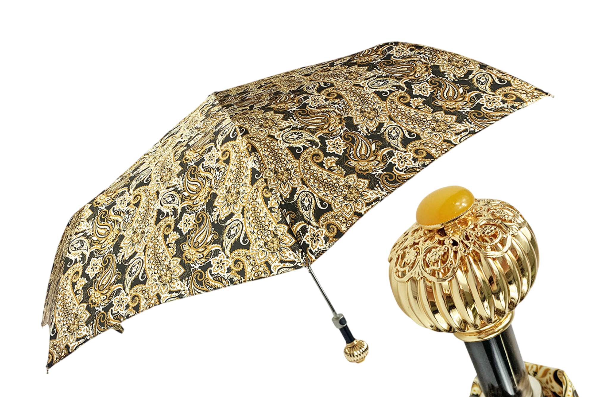 Cream Paisley Umbrella – Automatic Folding Rain Umbrella with Gold Handle
