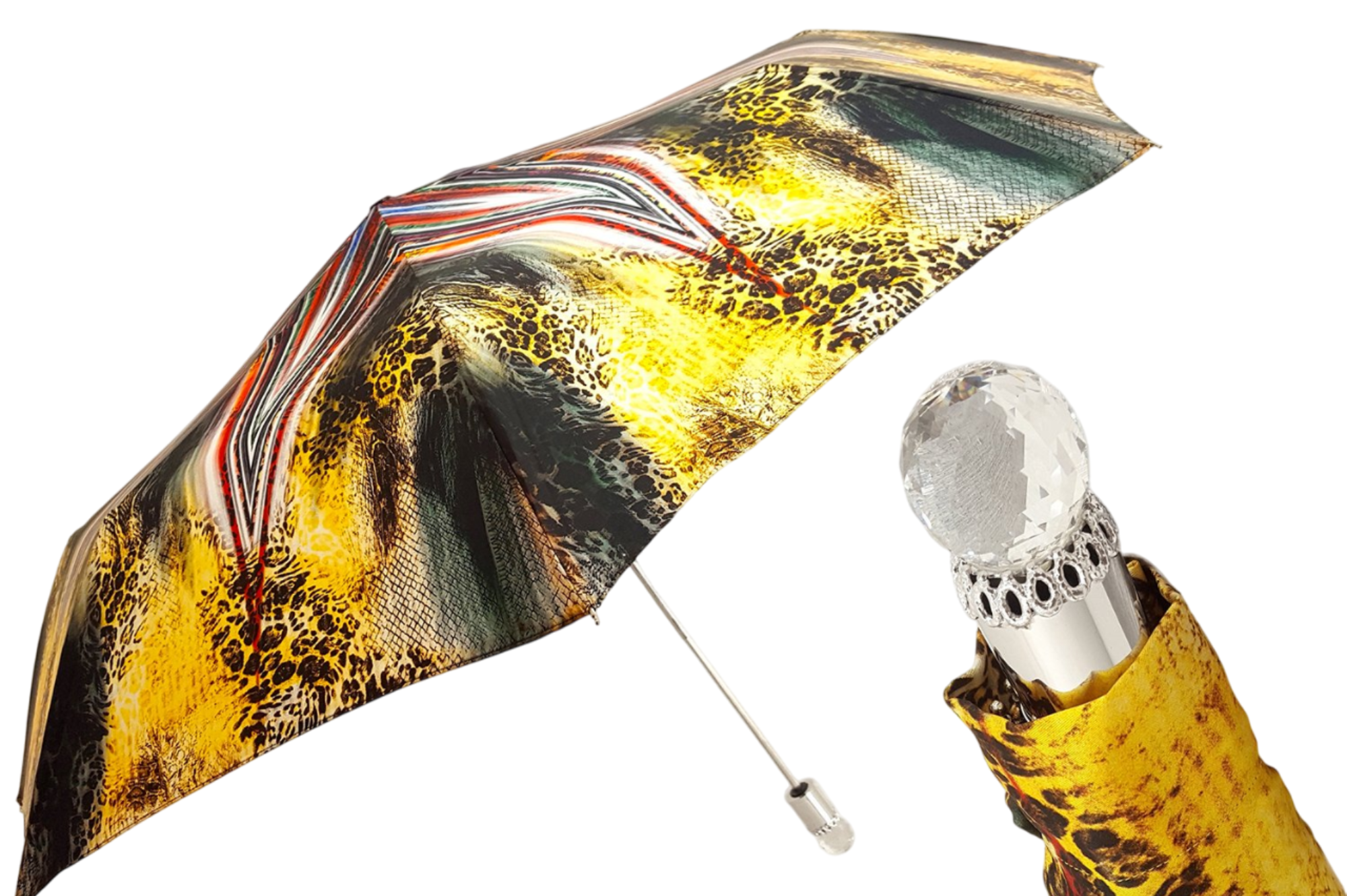 Women Folding Umbrella – Luxury Silver Handle, Animal Print & UV Protection