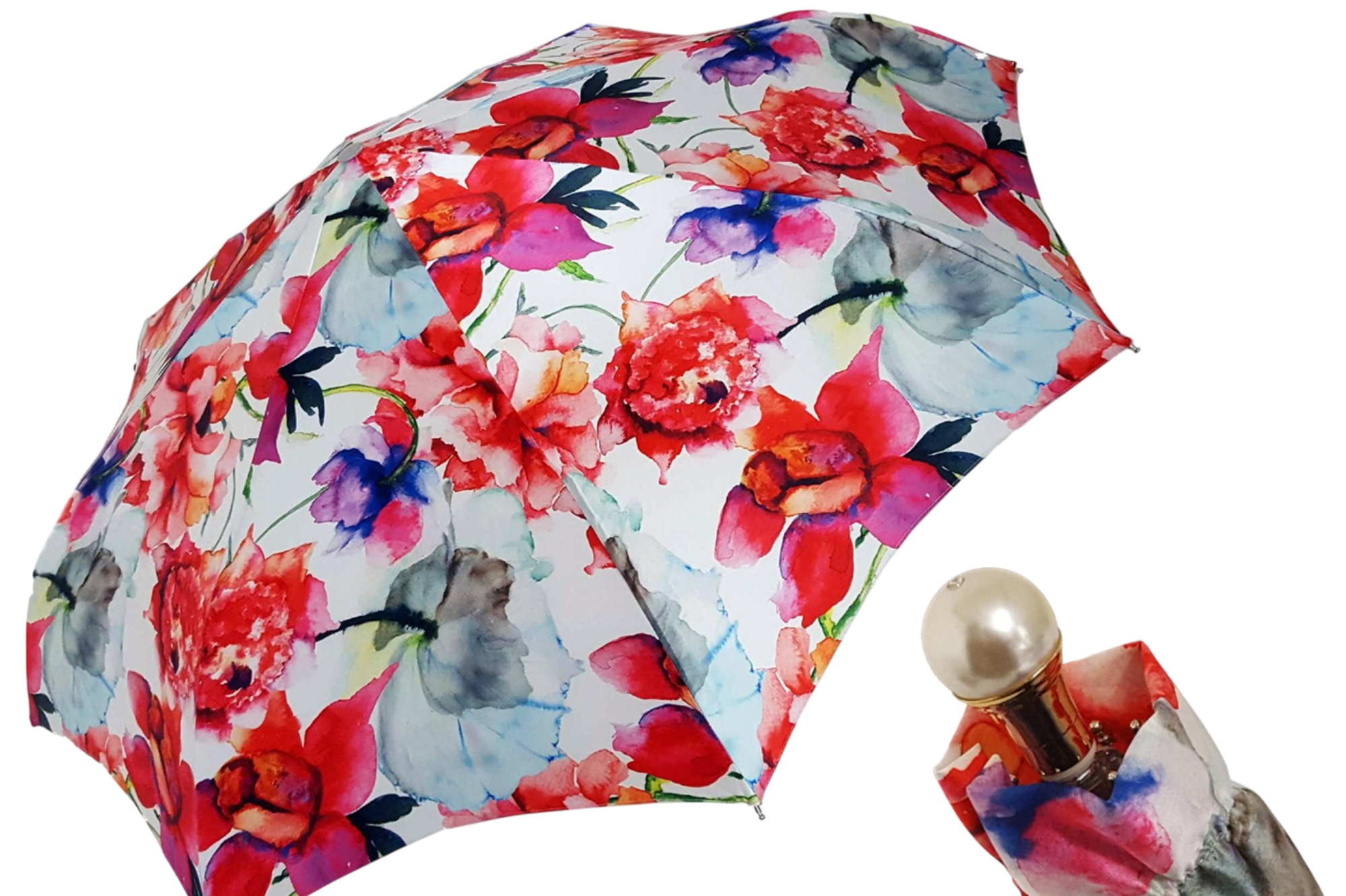 Folding Umbrella – Luxury Floral Design With Pearl Handle, UV Protection Rain Umbrella