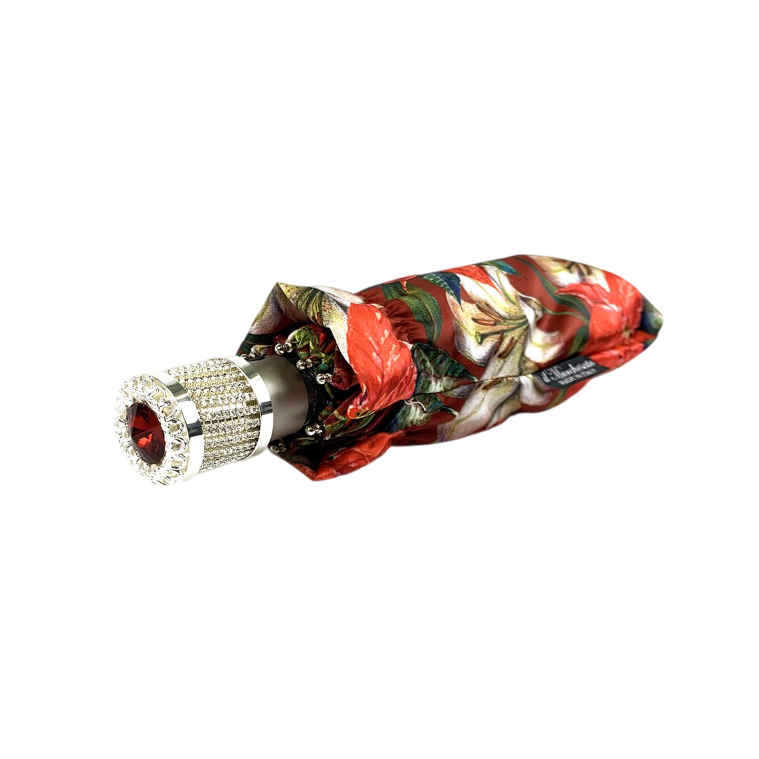 Floral Folding Umbrella – Silver Jeweled Handle | Red Swarovski Stone, Automatic Open