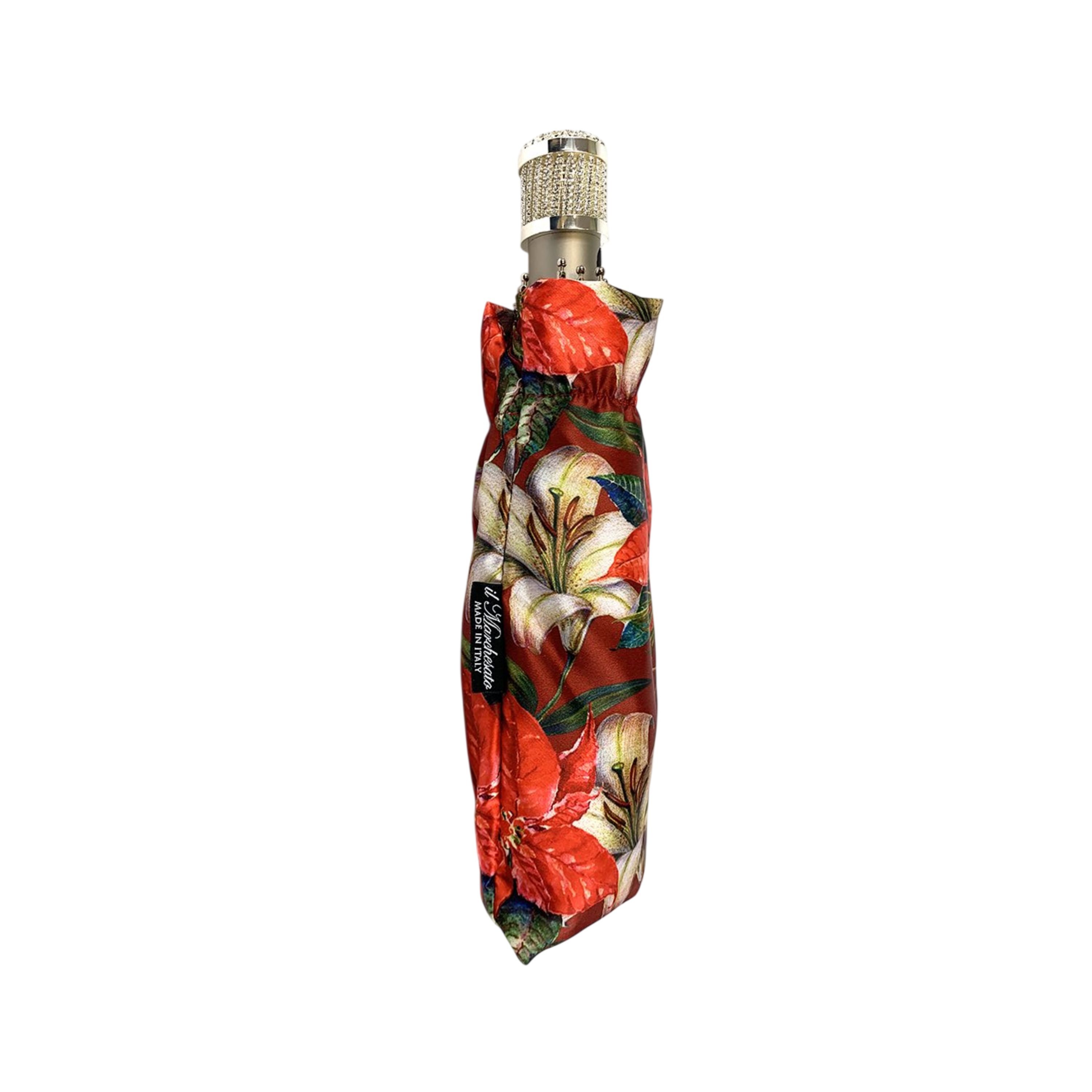 Floral Folding Umbrella – Silver Jeweled Handle | Red Swarovski Stone, Automatic Open