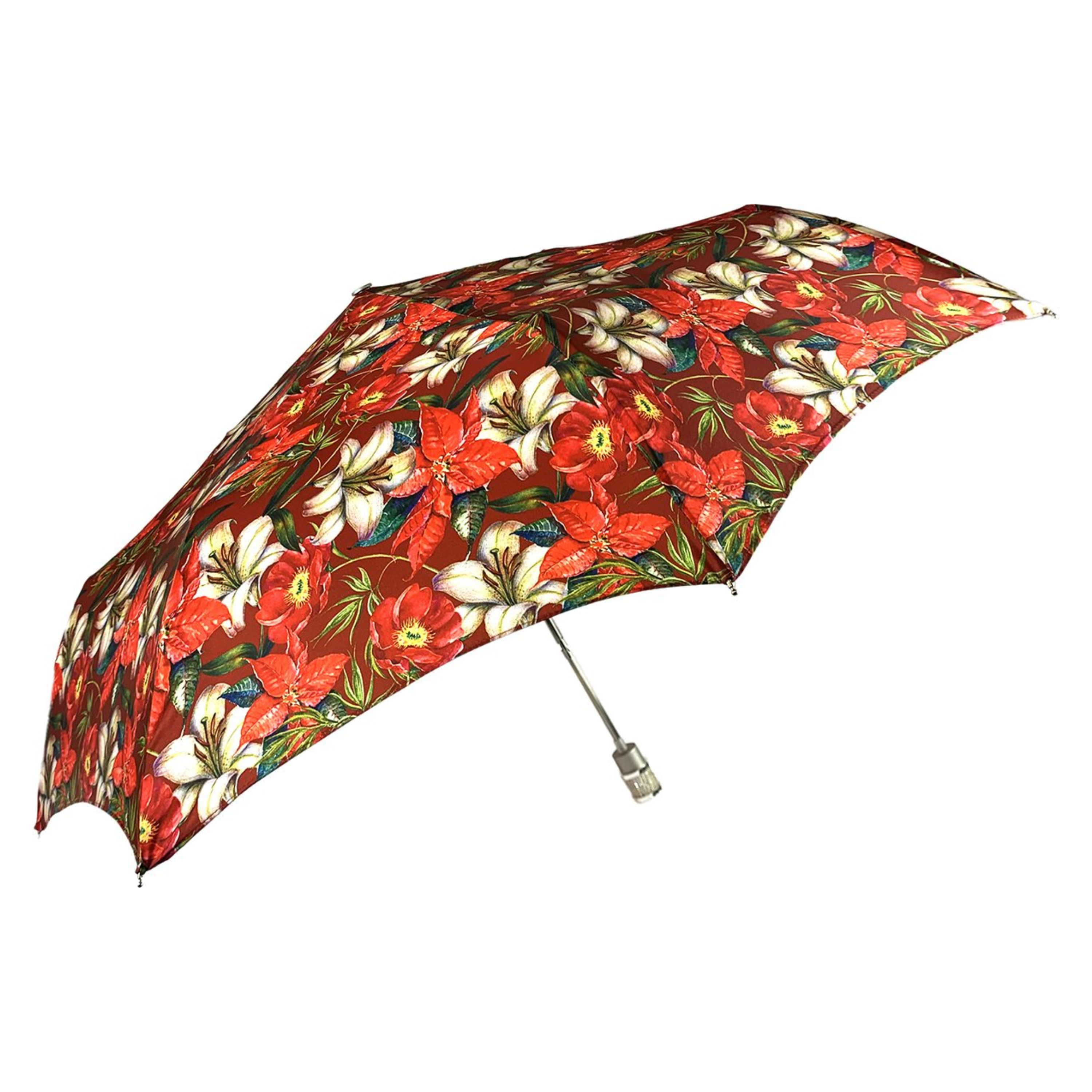 Floral Folding Umbrella – Silver Jeweled Handle | Red Swarovski Stone, Automatic Open