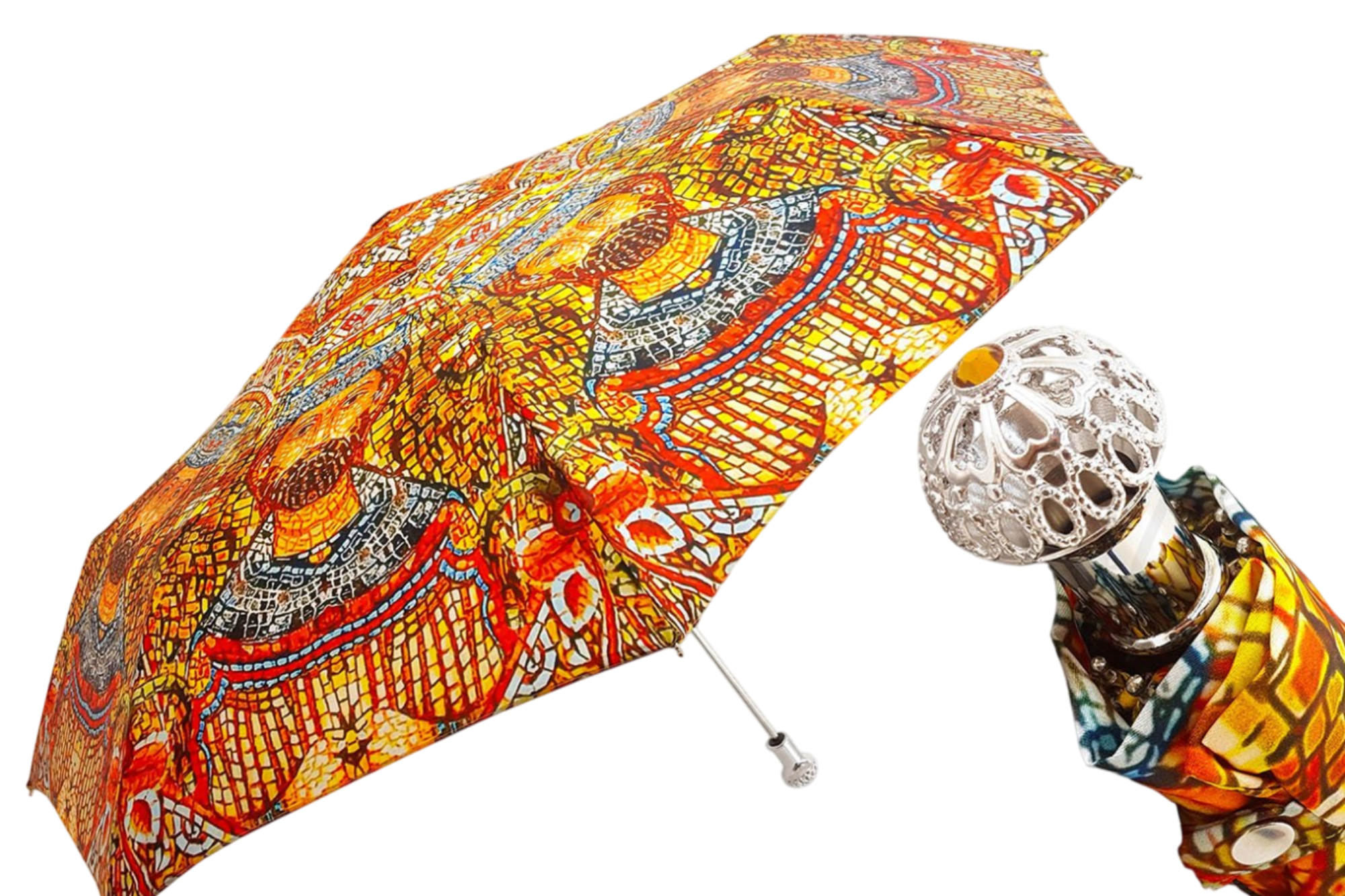 Ilmarchesato Byzantine folding umbrella with silver handle and Swarovski crystals, Italian handmade, showcasing elegant craftsmanship.