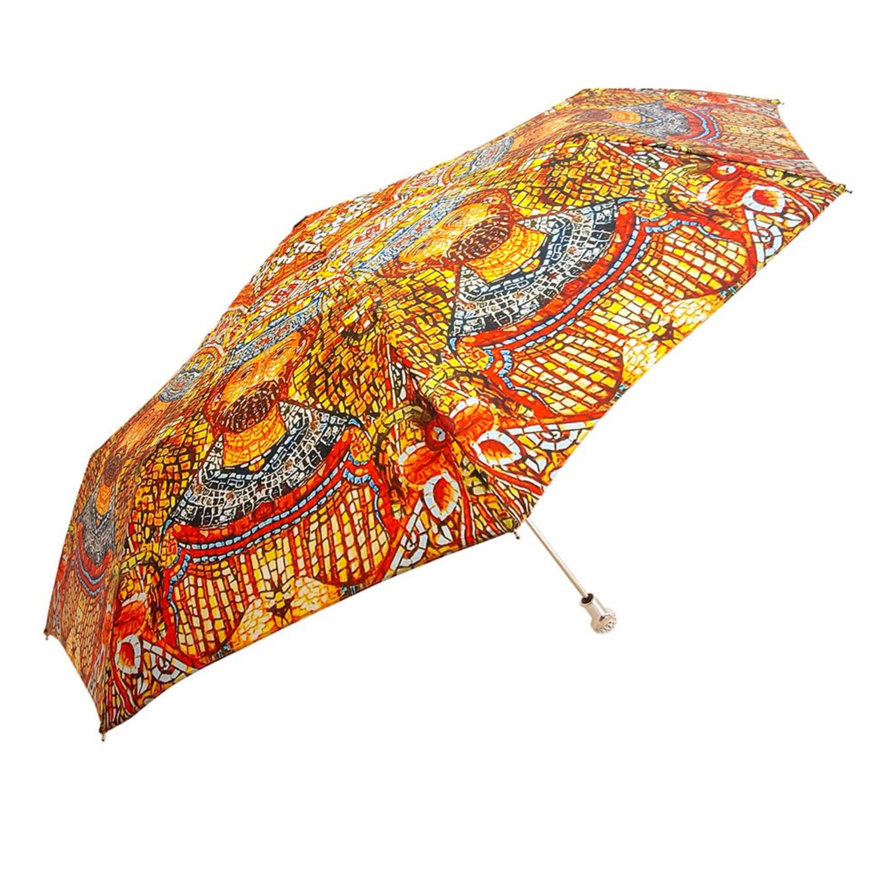Ilmarchesato Byzantine folding umbrella with silver handle and Swarovski crystals, Italian handmade, opened showing intricate design.