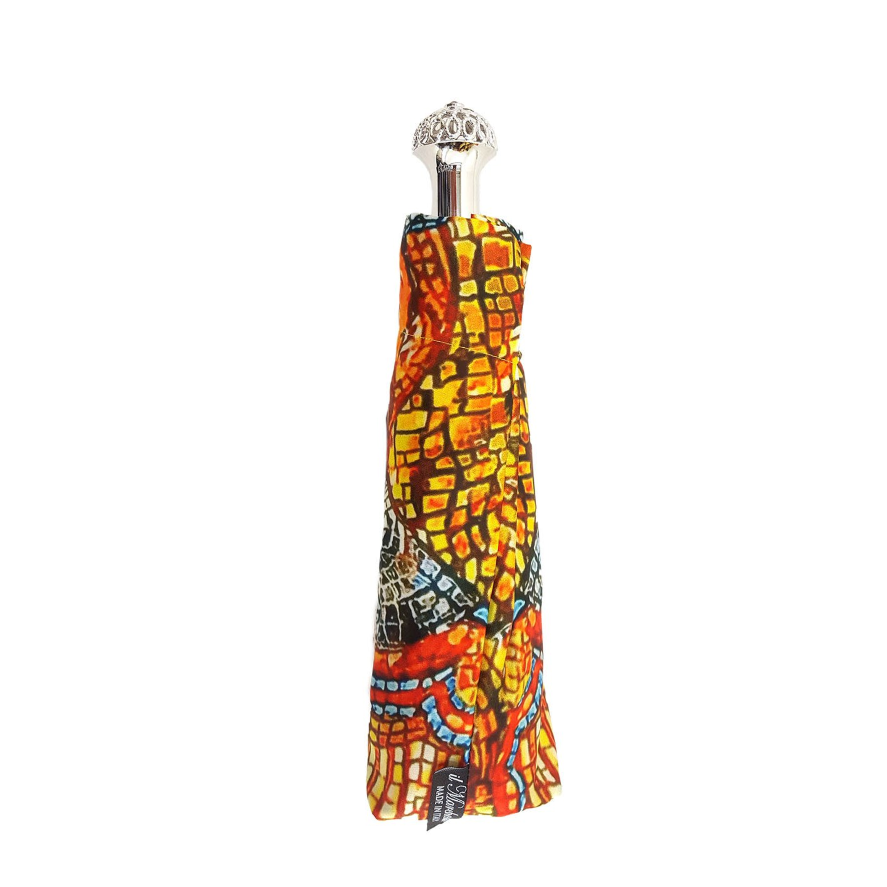 Ilmarchesato Byzantine folding umbrella with silver handle and Swarovski crystals, Italian handmade, opened showing intricate design.