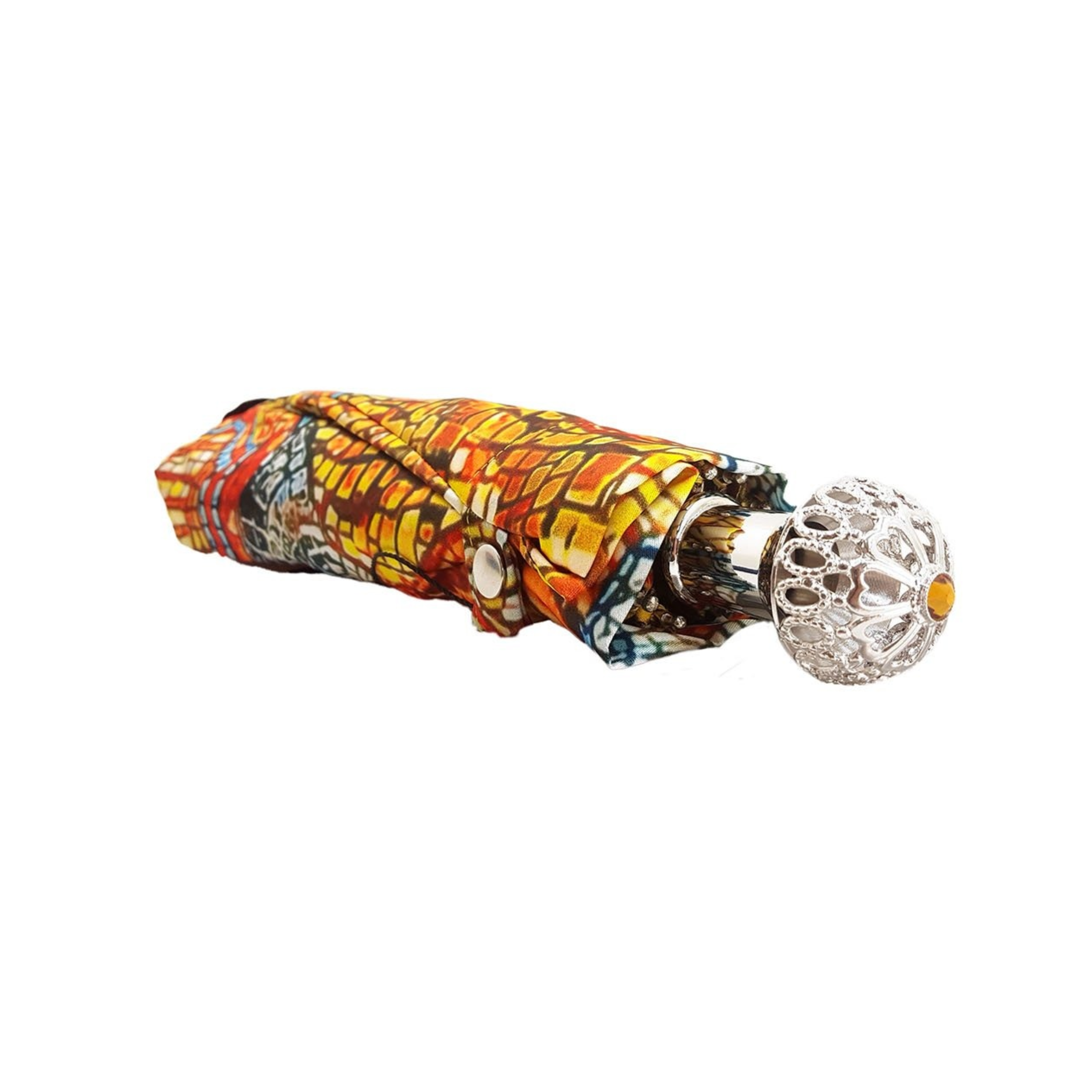Ilmarchesato Byzantine folding umbrella with silver handle and Swarovski crystals, Italian handmade, compact and stylish.