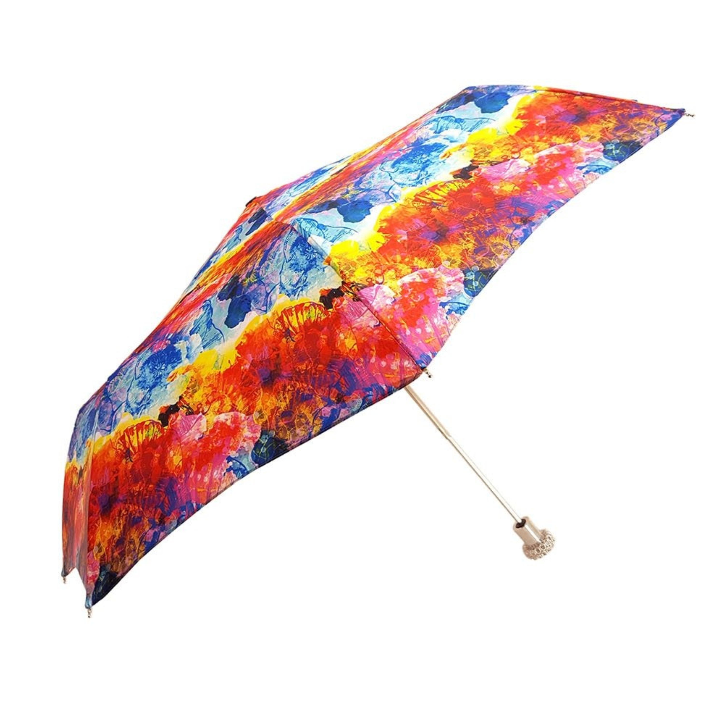 Italian Folding Umbrella – Silver Handle with Swarovski Crystal | UV Protection