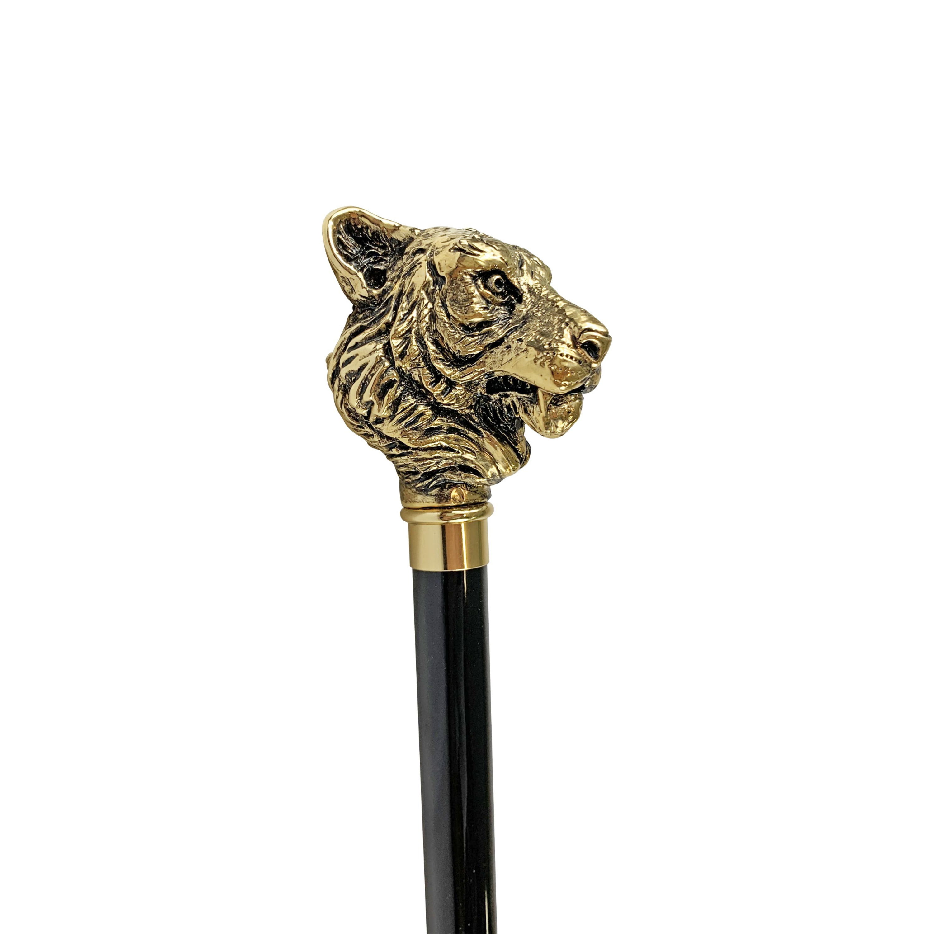Gold Plated Walking Stick – Handcrafted Italian Tiger Design Cane with Black Beech Wood