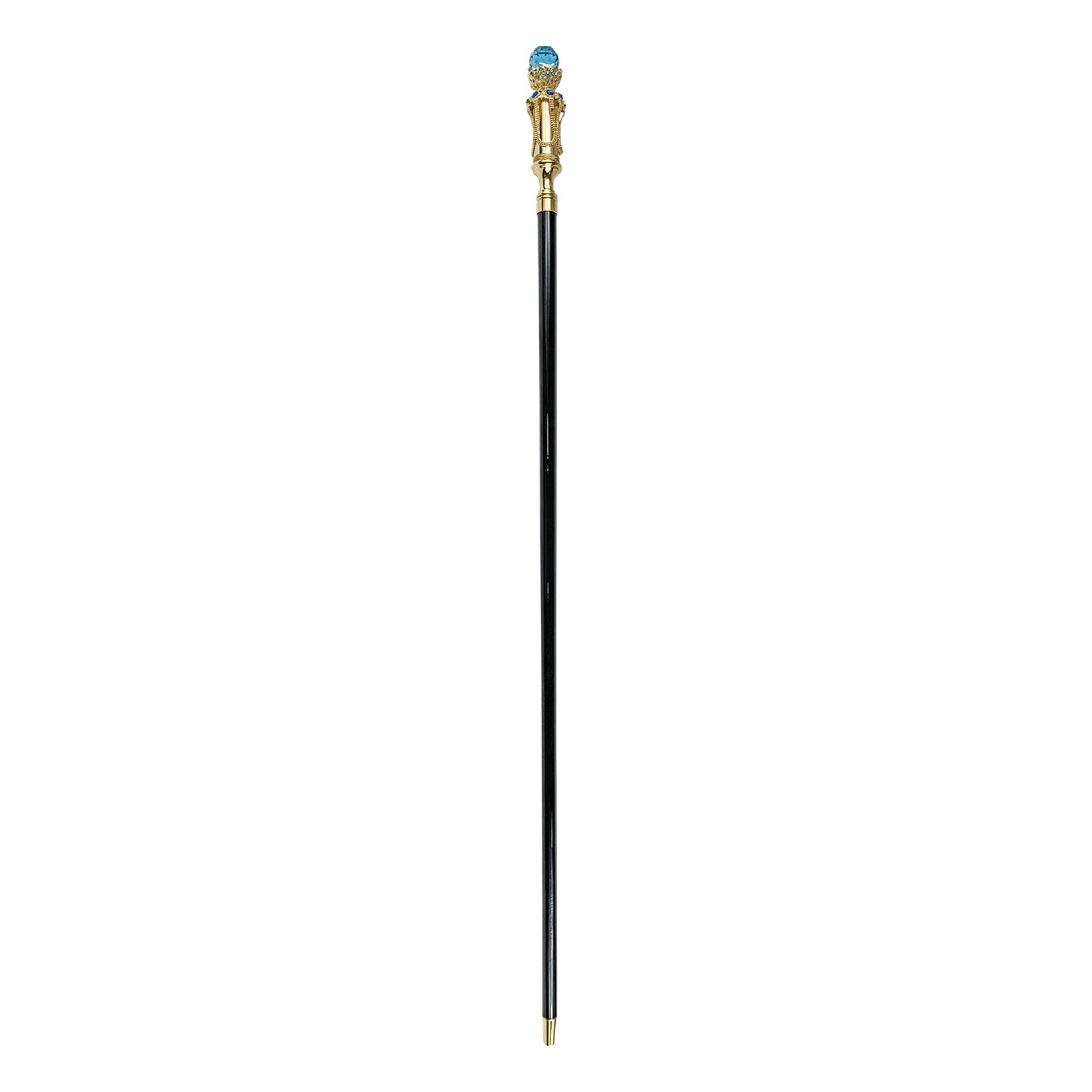 Gold Plated Walking Cane – Handcrafted Black Beechwood Cane with Aqua Crystal Handle
