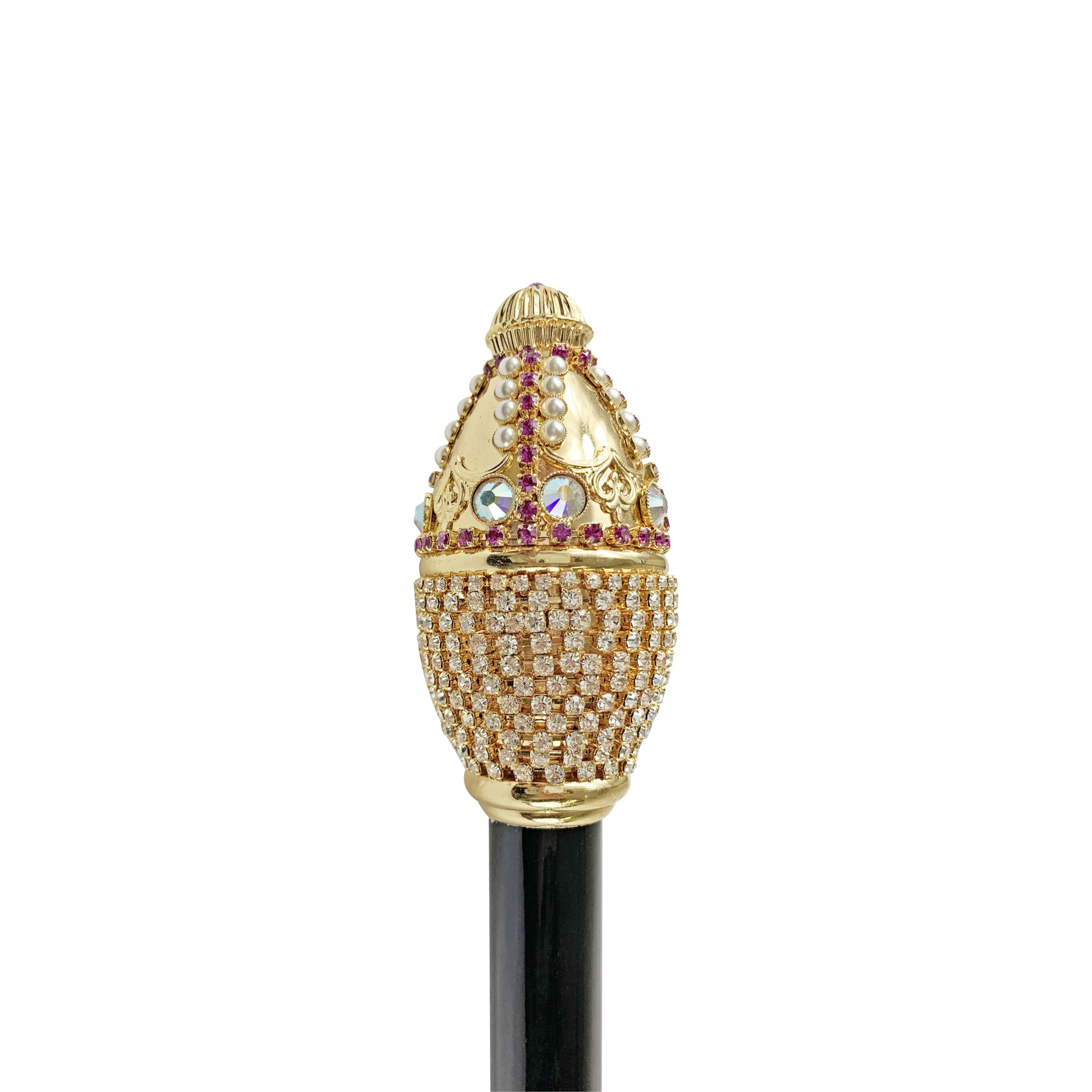 Luxury Ilmarchesato walking cane featuring crystals, pearls, and 24K gold plating with an elegant design.