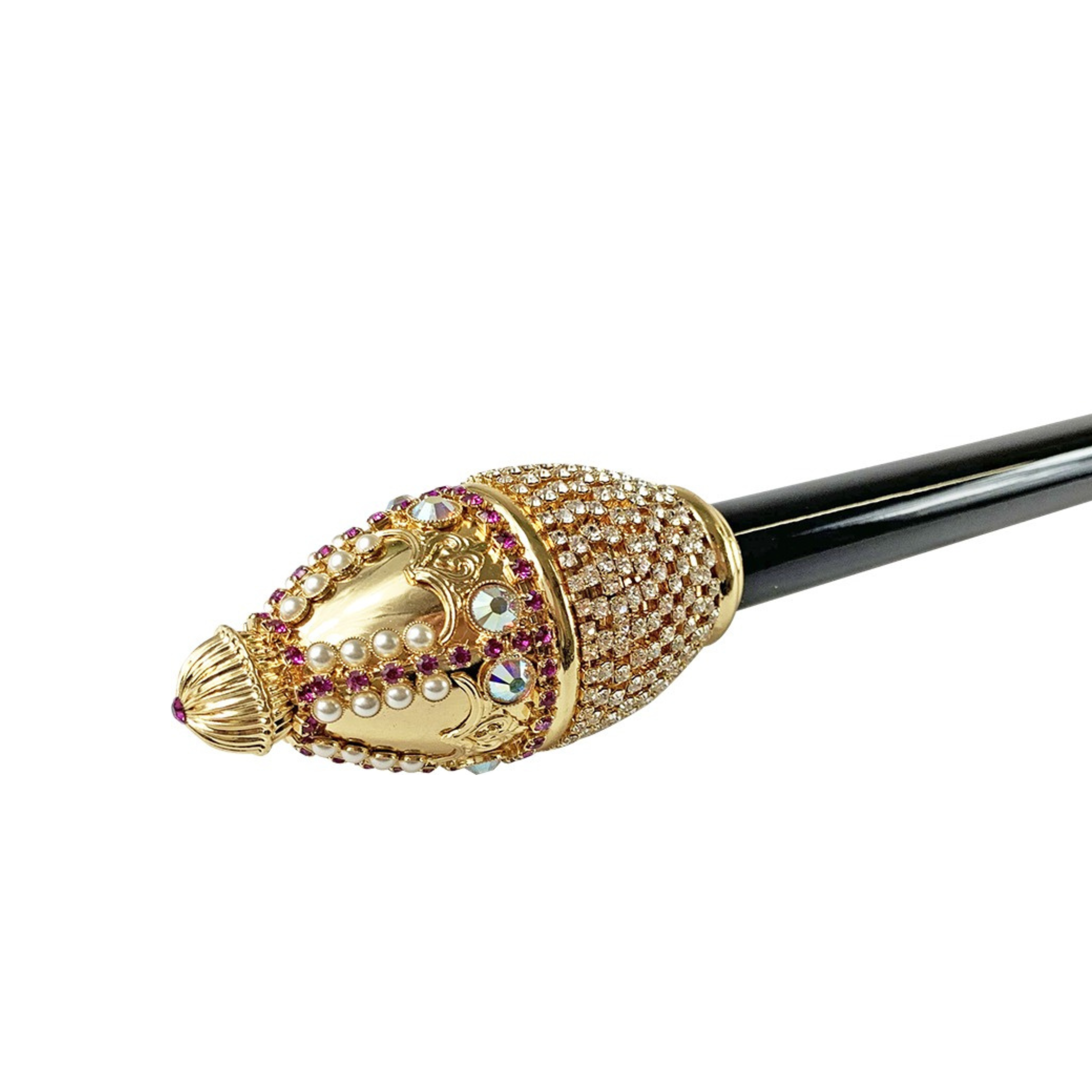 Luxury Italian walking cane by Ilmarchesato adorned with crystals, pearls, and 24K gold plating.
