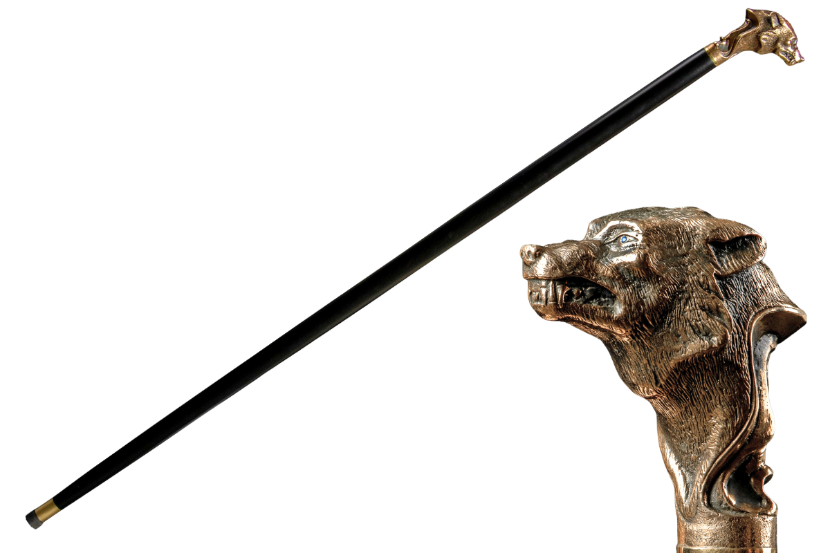 Handmade Walking Cane – Luxury Wooden Wolf Head Cane with Crystal Embellishments