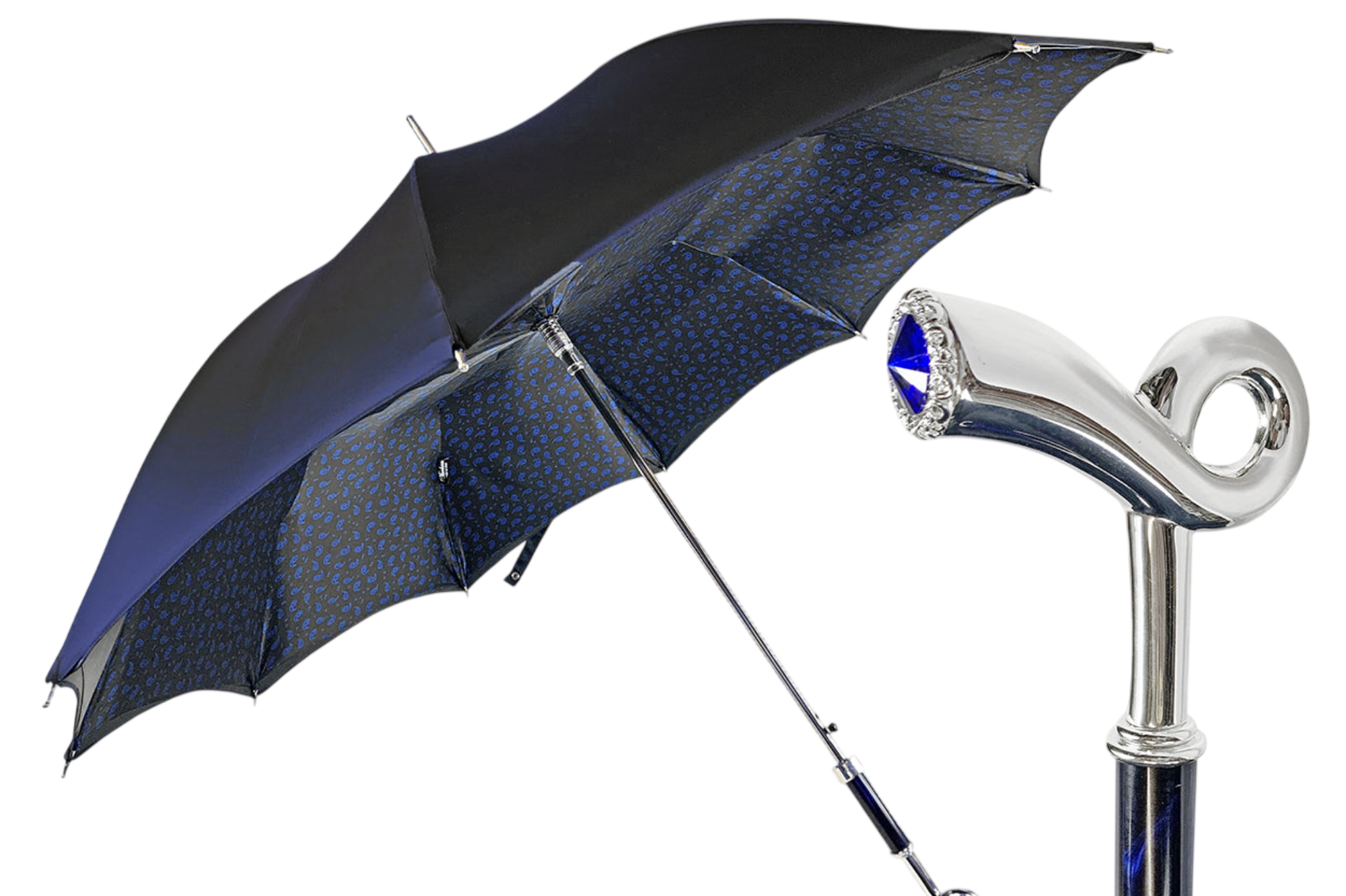 Elegant Ilmarchesato blue double-canopy umbrella for men with a silver-plated handle, showcasing a stylish design.