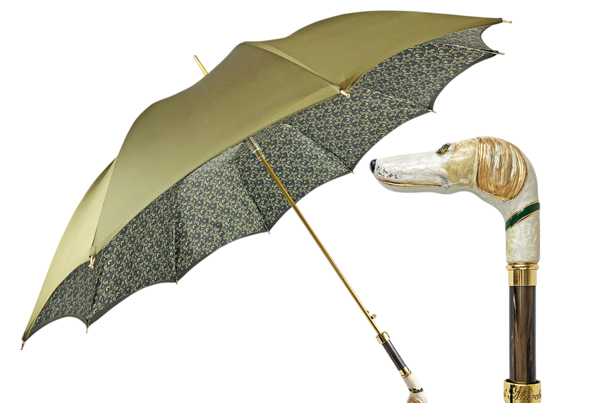 Men's umbrella with a hand-painted greyhound handle, gold-plated 24K accents, featuring a stylish and elegant design by Ilmarchesato.
