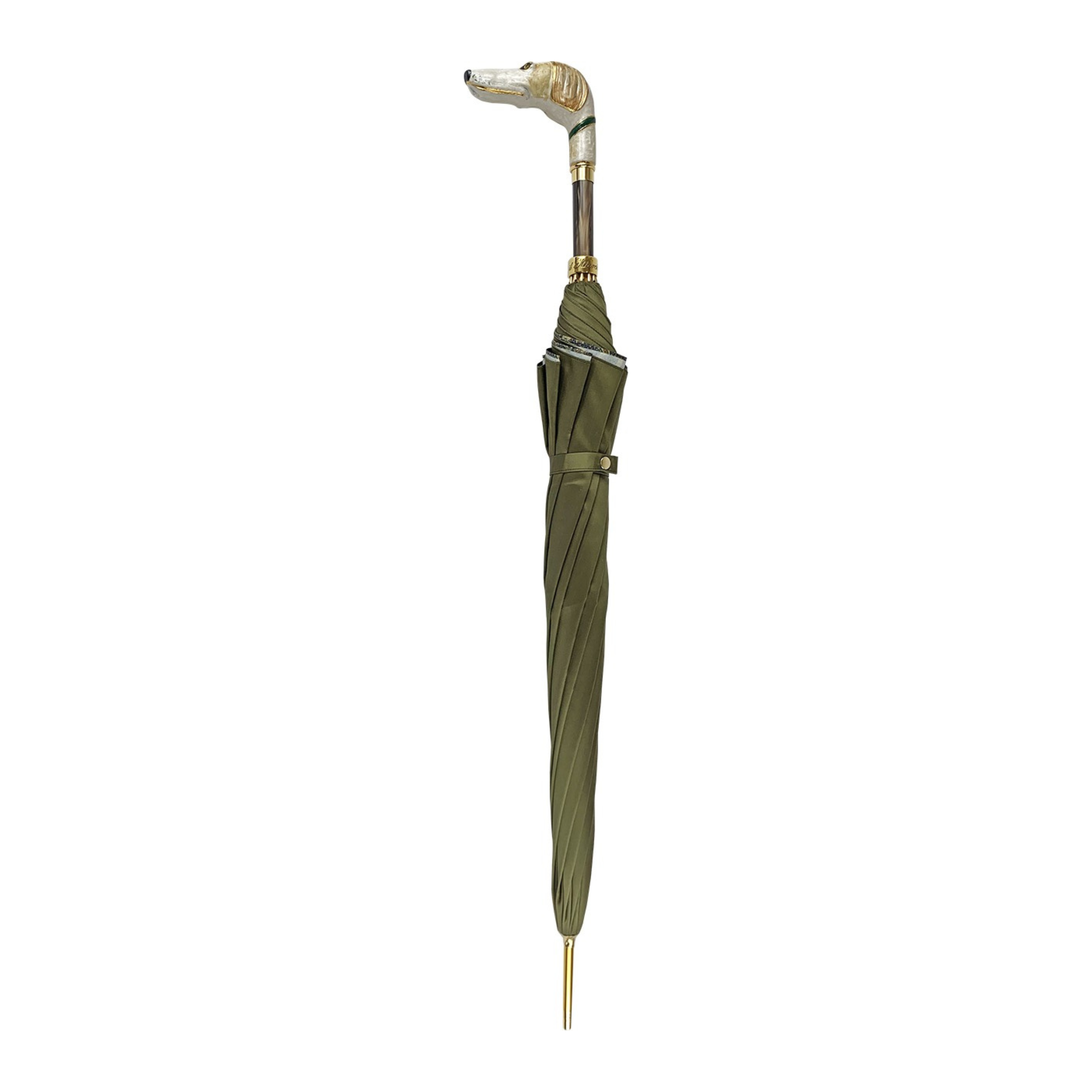 Men's umbrella with hand-painted greyhound handle, 24K gold-plated details, stylish and elegant design by Ilmarchesato.