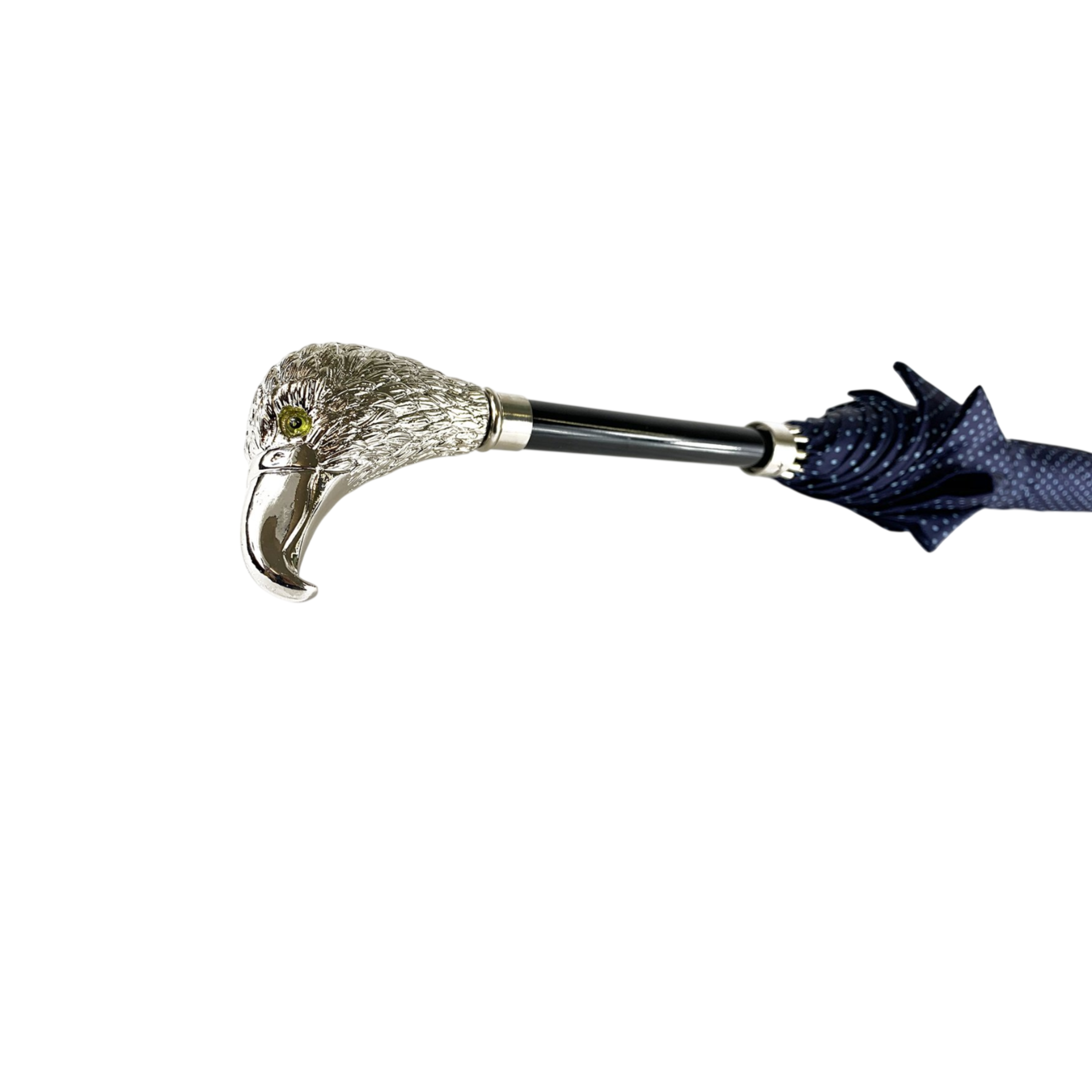 Elegant handmade Italian men's umbrella with silver-plated hawk handle and classic fabric canopy, stylish and durable.