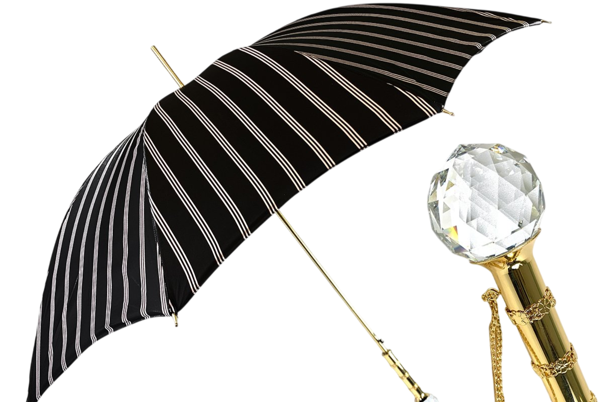 Men's black and light grey striped umbrella with Swarovski crystal handle, stylish and durable from Ilmarchesato.