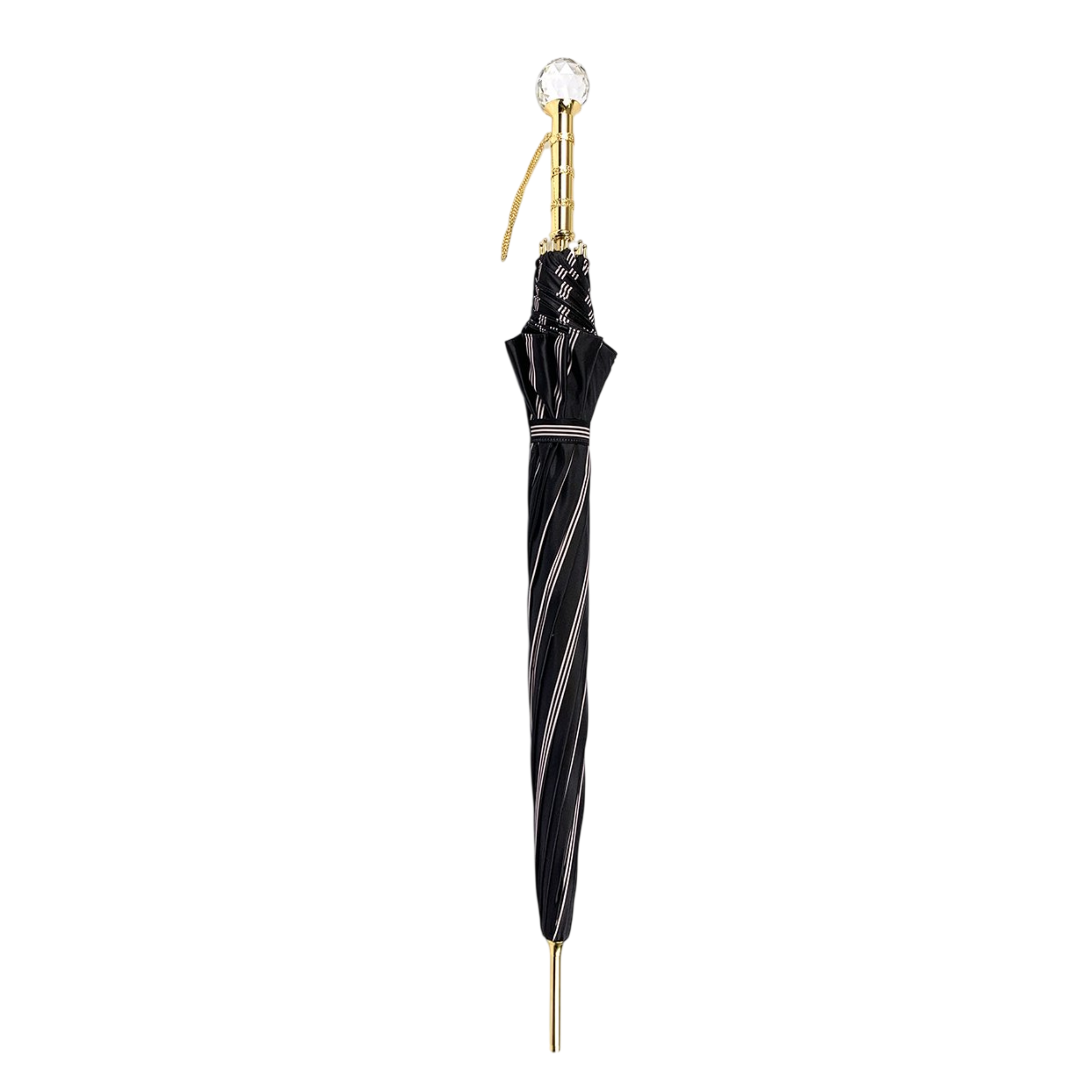 Men's black and light grey striped umbrella with Swarovski crystal handle by Ilmarchesato, showing the stylish canopy and elegant handle.