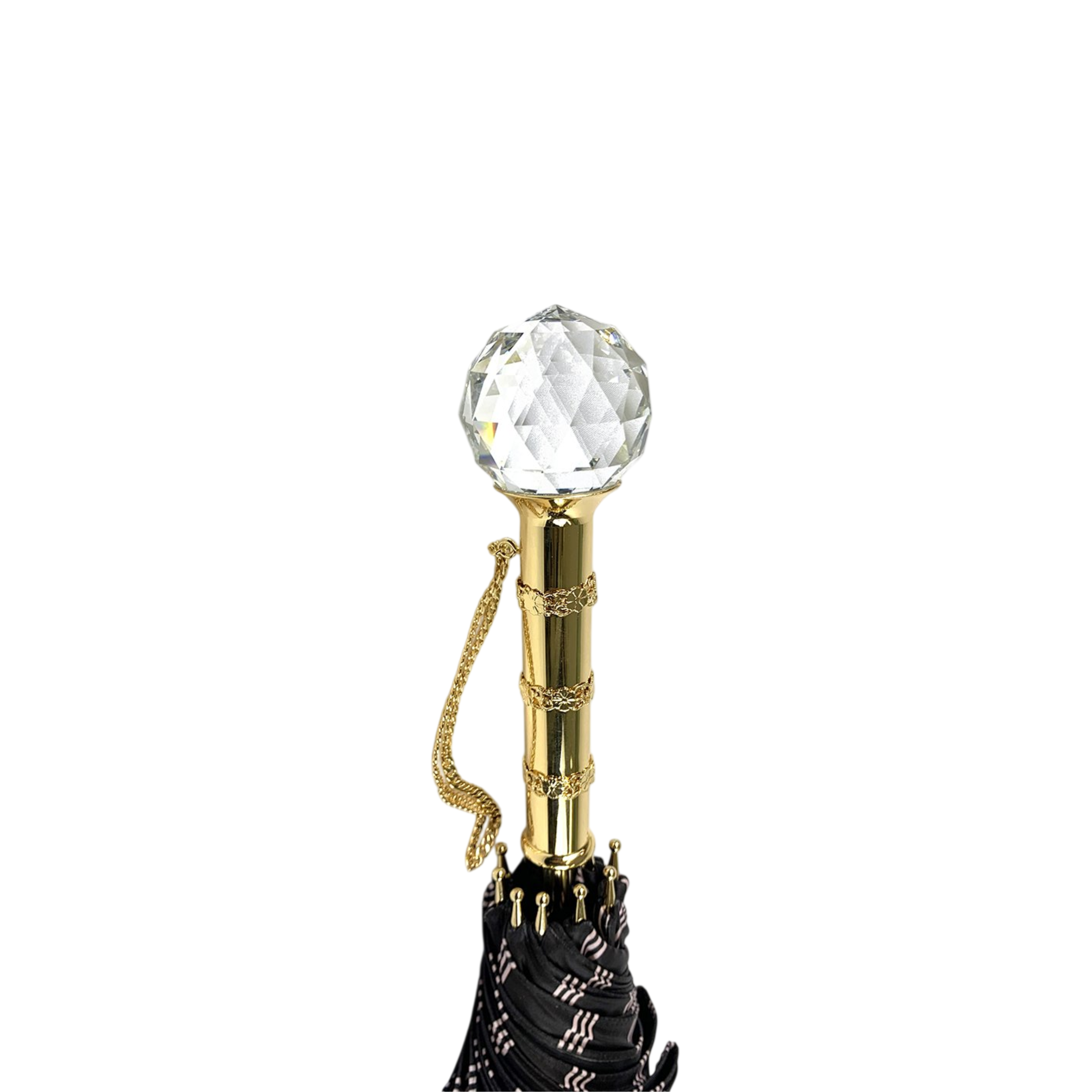 Men's black and light grey striped umbrella with Swarovski crystal handle, stylish rain protection by Ilmarchesato.