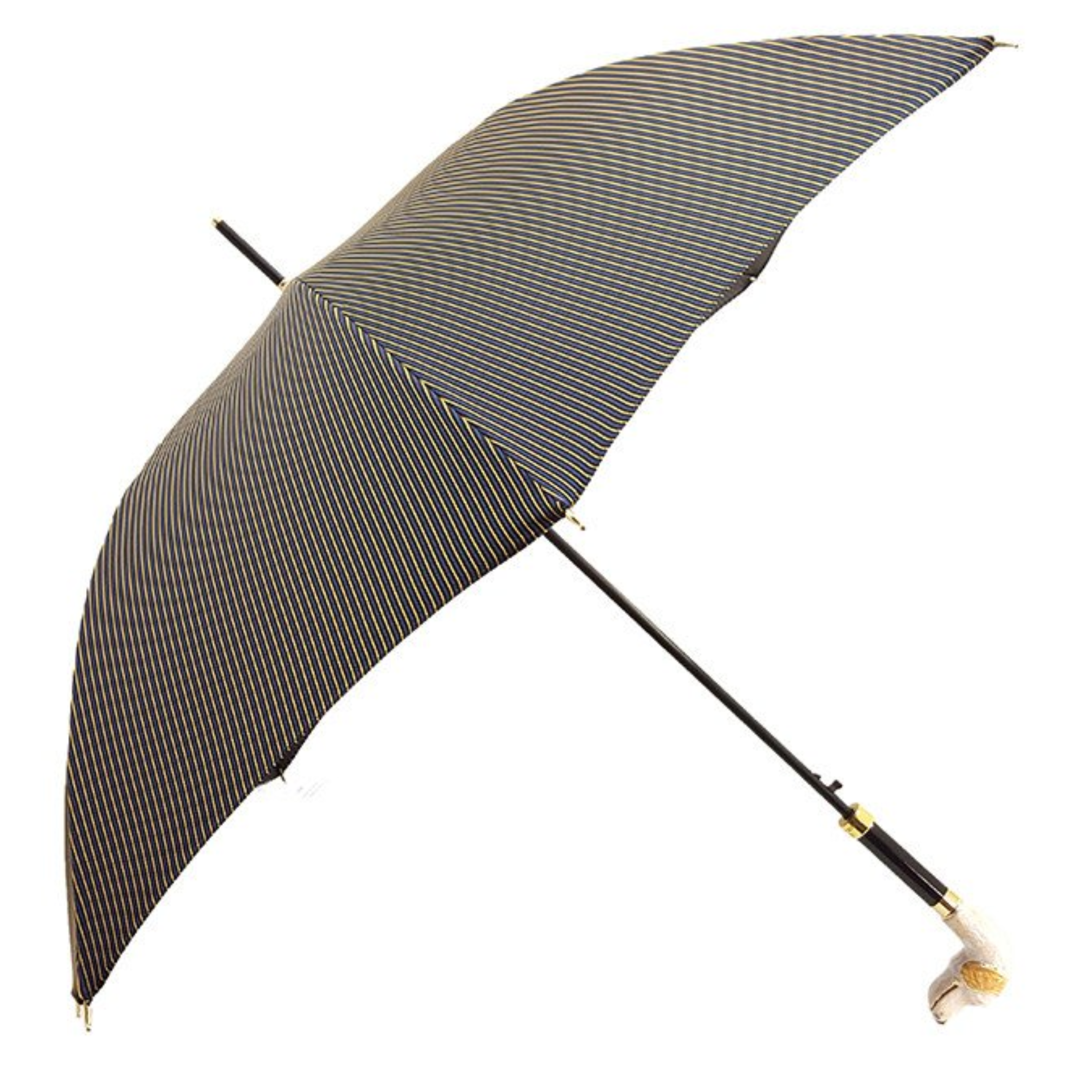 Men's Ilmarchesato striped umbrella featuring a gold-plated hound head handle on a rainy day.