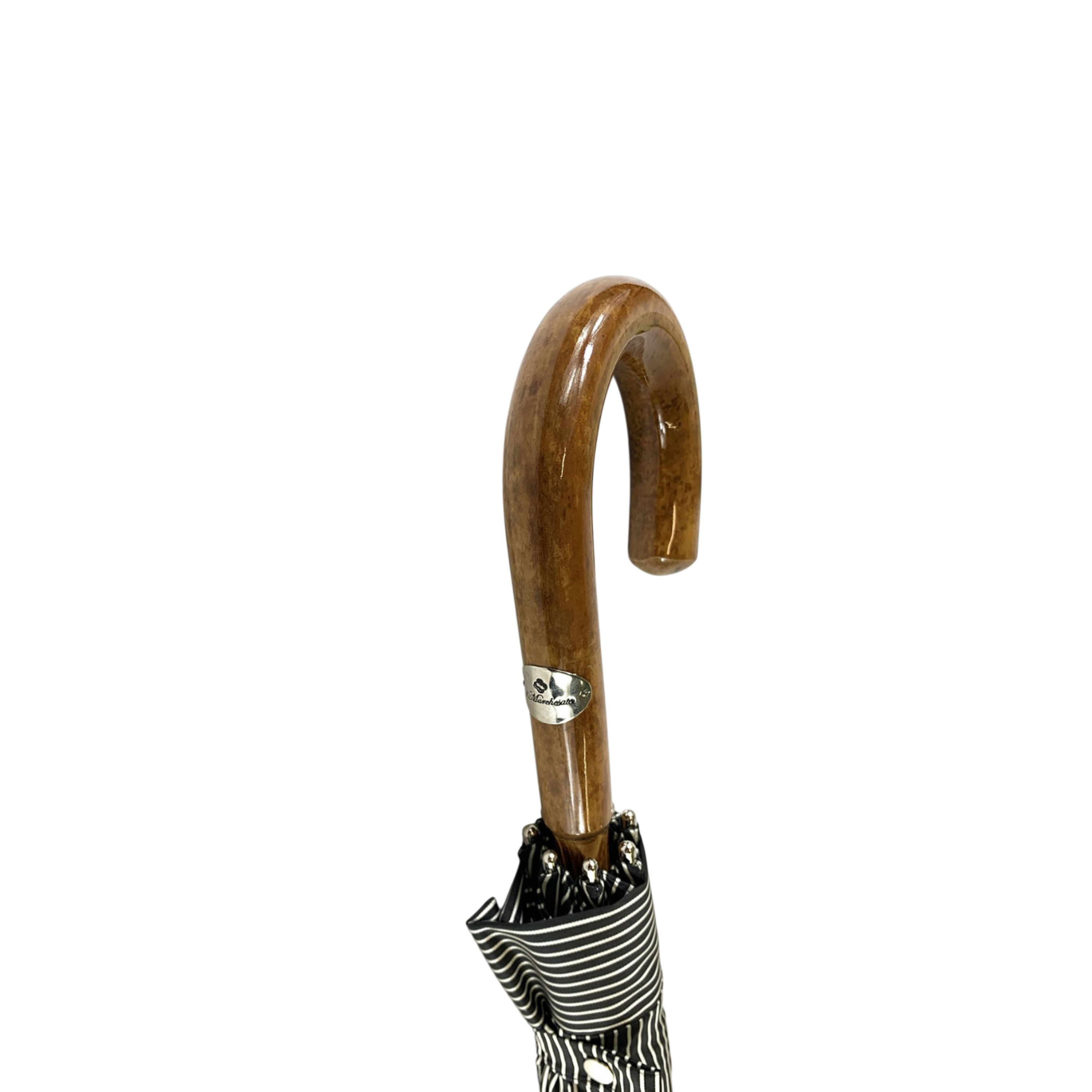 Black and white bespoke men's umbrella with hand-curved Malacca wood handle by Ilmarchesato, featuring elegant fabric and craftsmanship.