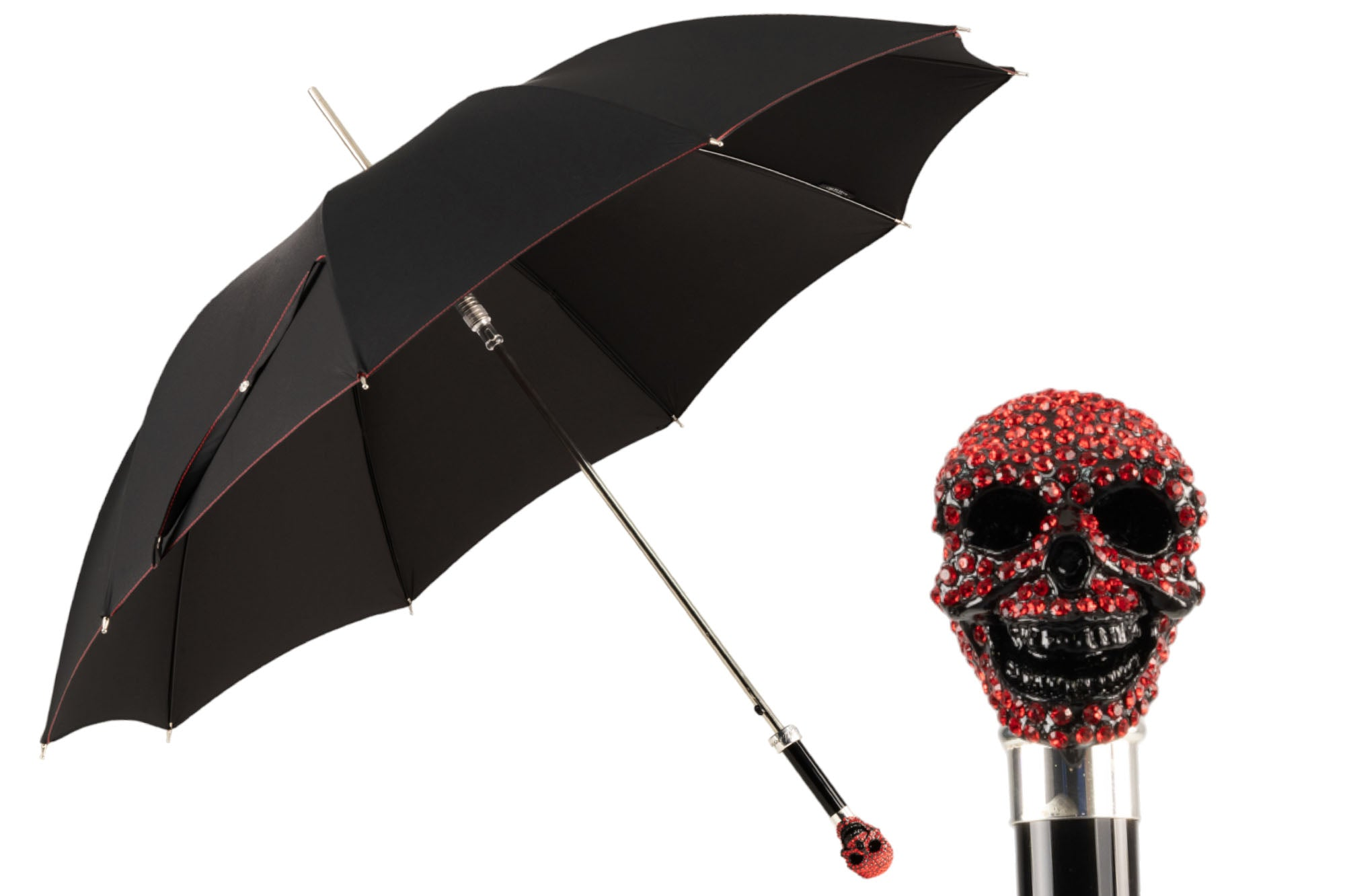 Luxury skull umbrella for men with Light Siam crystal handle by Ilmarchesato, featuring a dark canopy and ornate design.