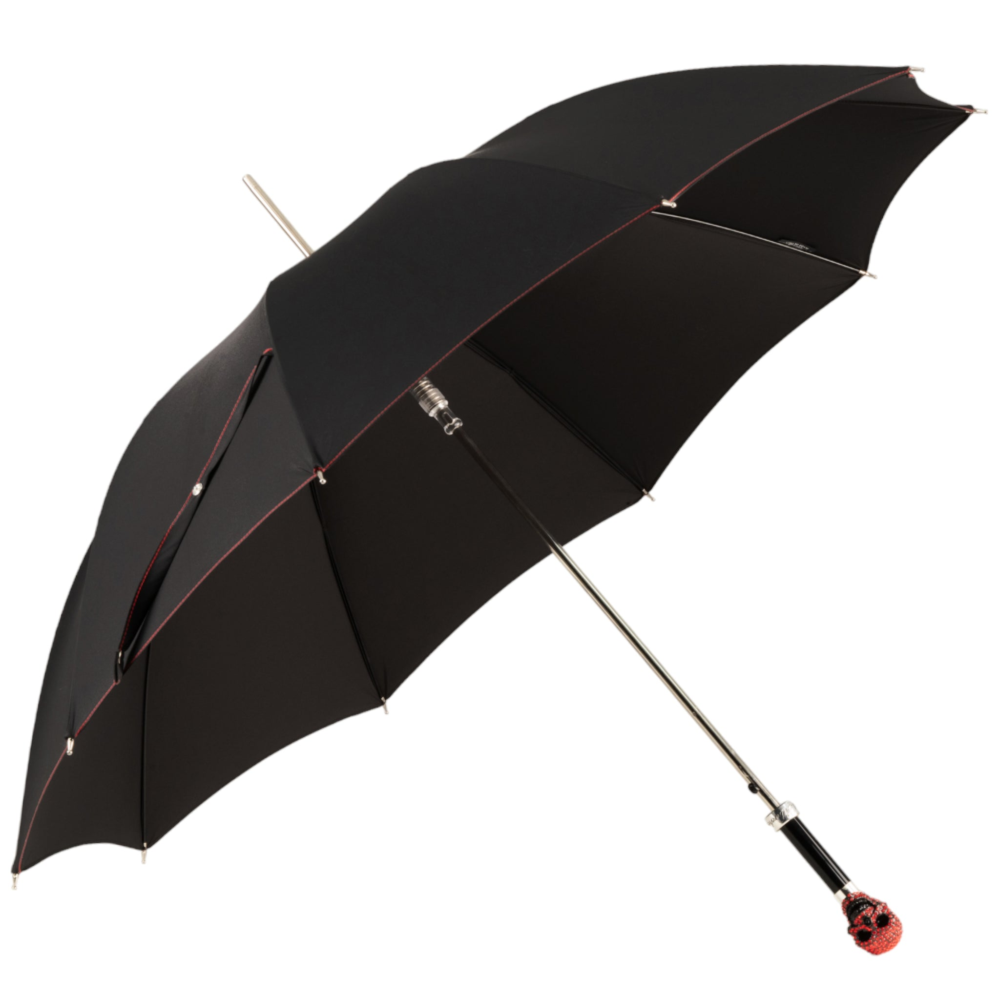 Men's luxury skull umbrella by Ilmarchesato with Light Siam crystal handle, featuring a detailed skull design and elegant craftsmanship.